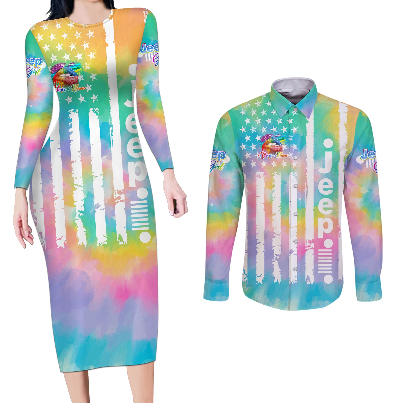 jeep-girl-couples-matching-long-sleeve-bodycon-dress-and-long-sleeve-button-shirt-tie-dye-american-flag-lips