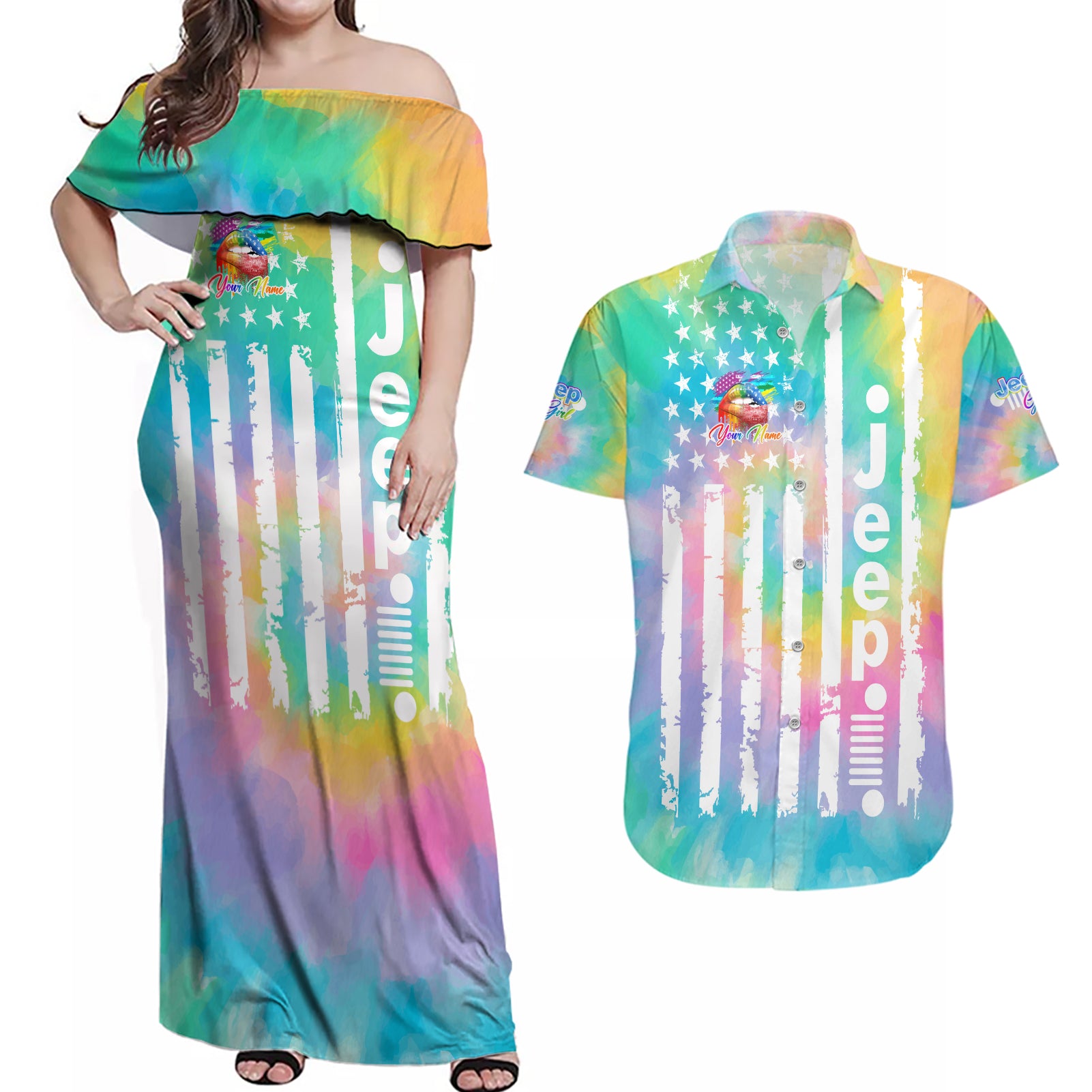 jeep-girl-couples-matching-off-shoulder-maxi-dress-and-hawaiian-shirt-tie-dye-american-flag-lips