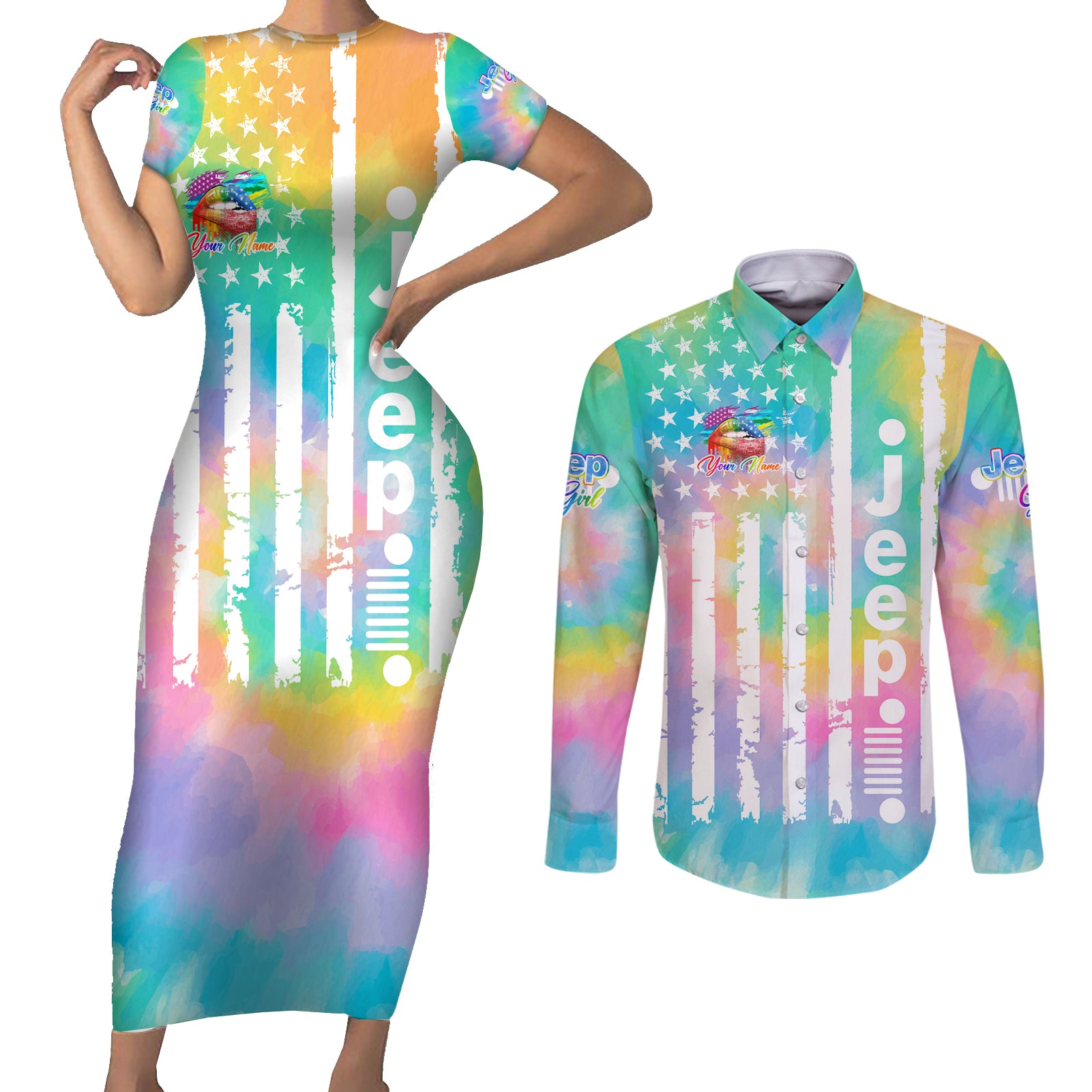 jeep-girl-couples-matching-short-sleeve-bodycon-dress-and-long-sleeve-button-shirt-tie-dye-american-flag-lips