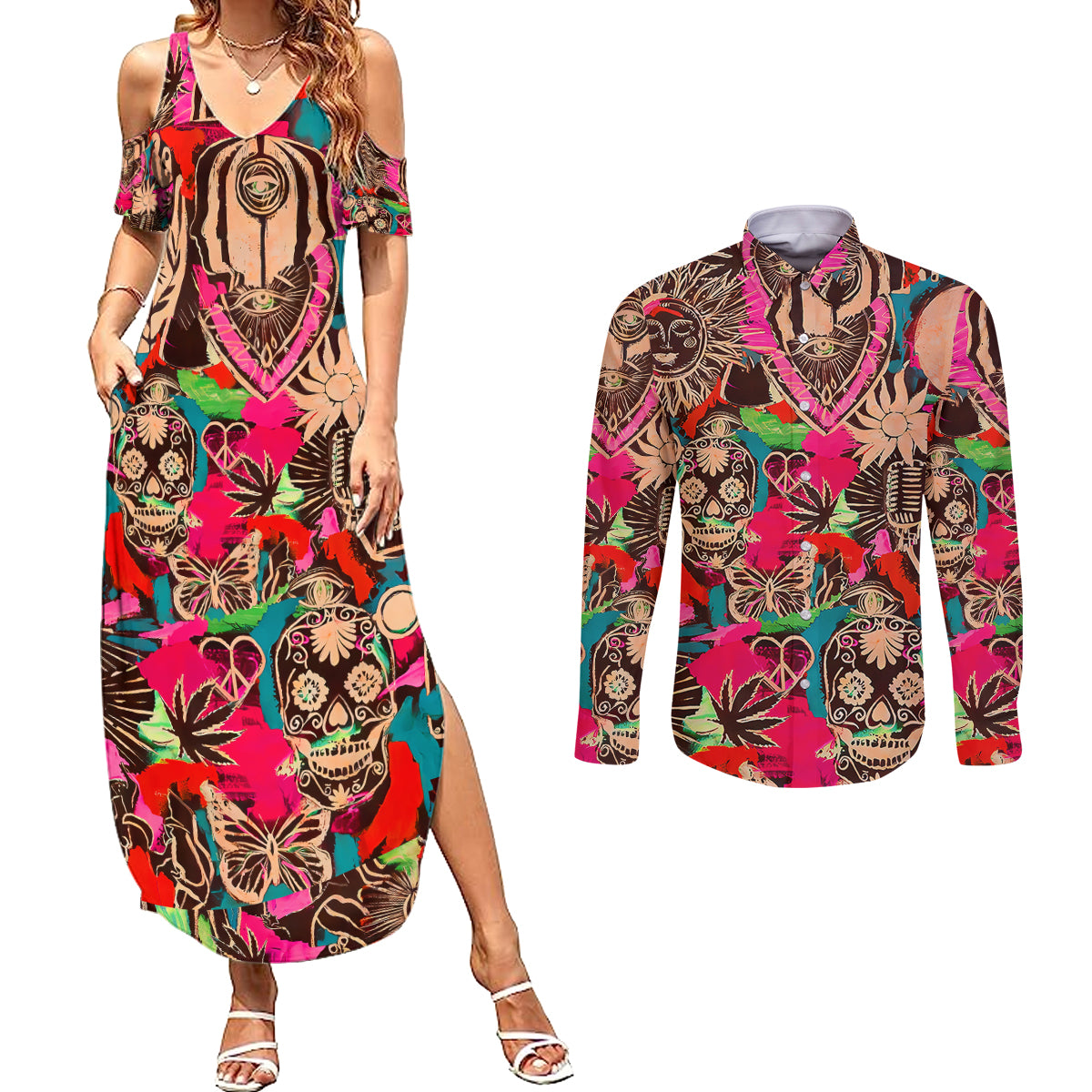 festival-memories-skull-couples-matching-summer-maxi-dress-and-long-sleeve-button-shirts