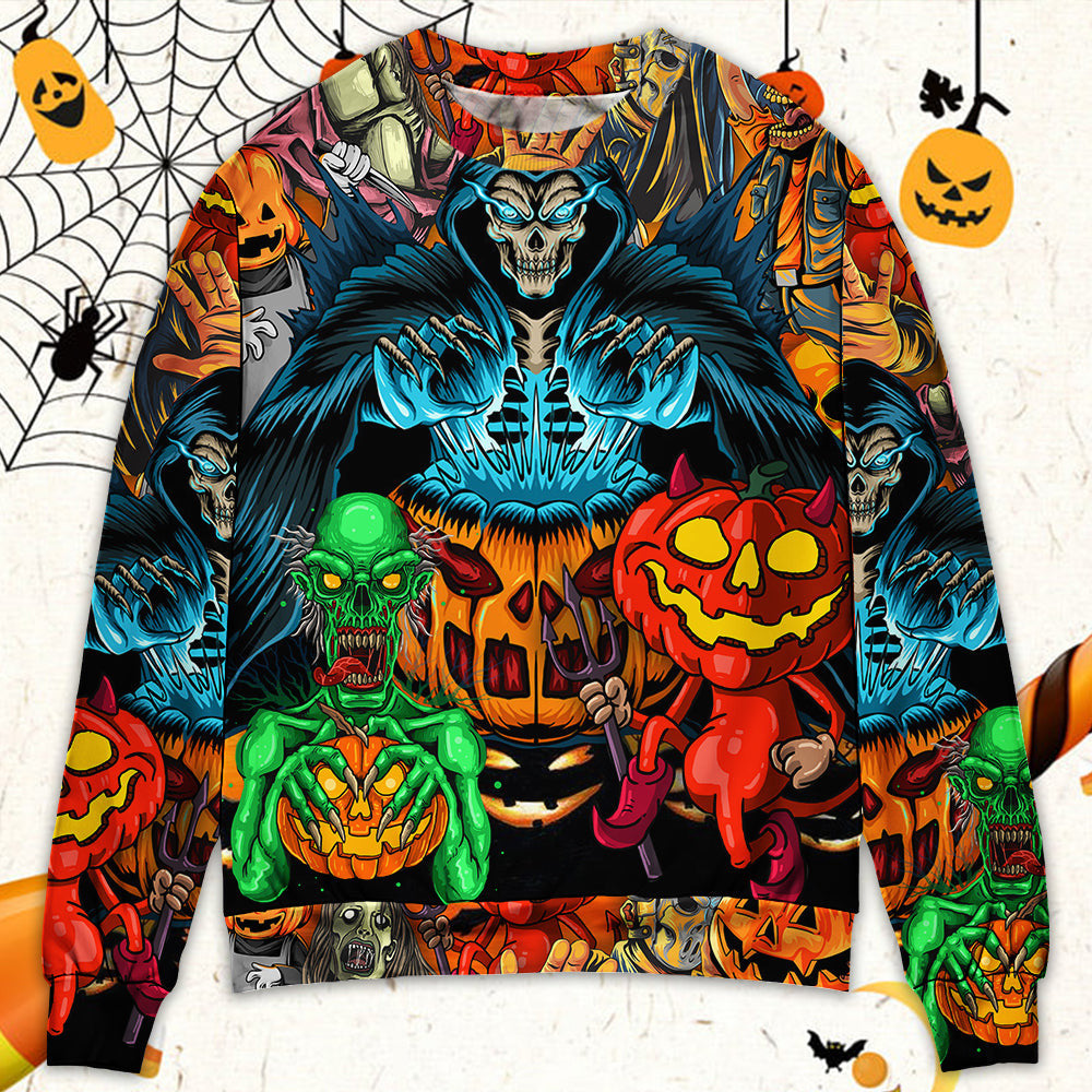 Halloween Scary Skull Pumpkin Horror Art Style Ugly Christmas Sweaters