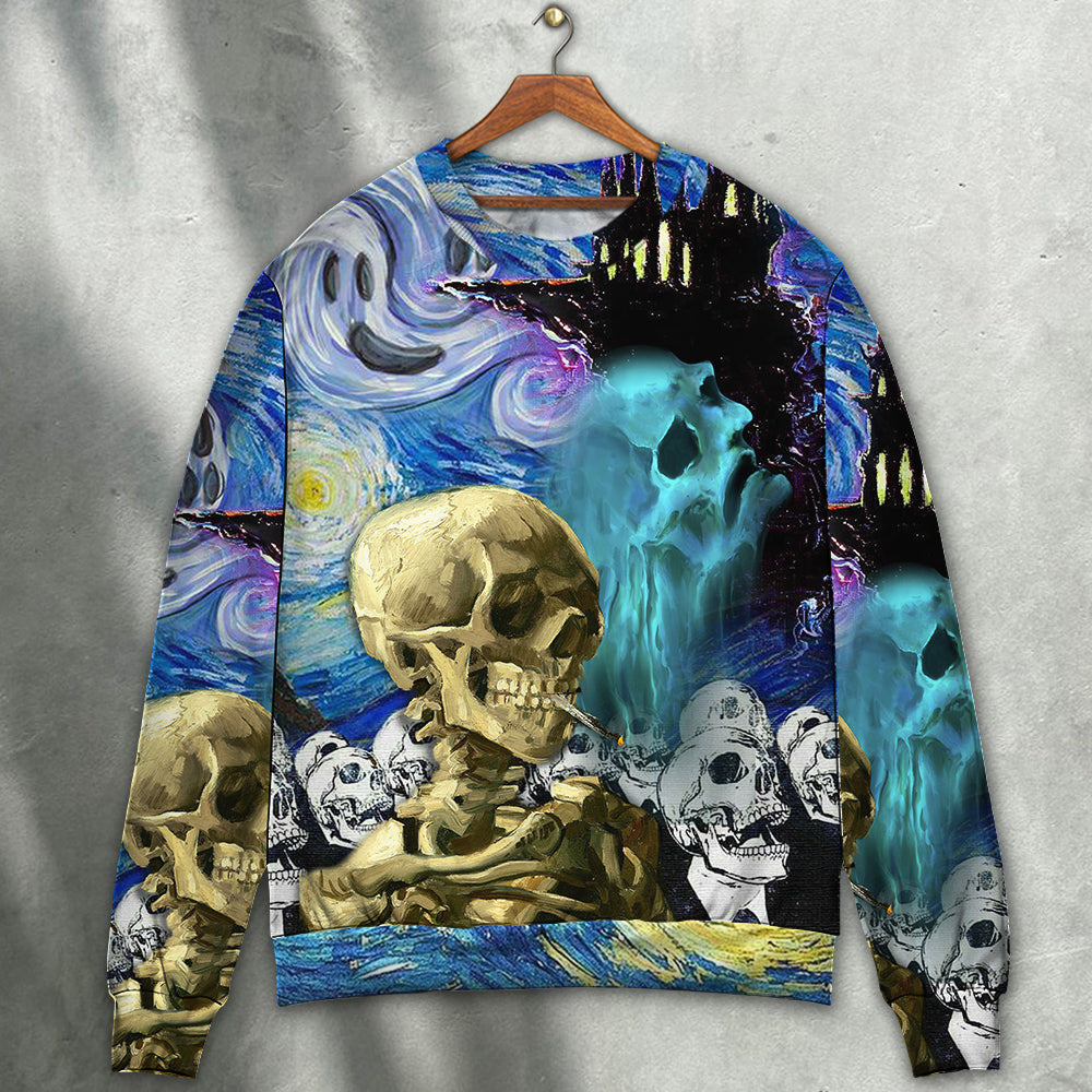 Halloween Skull Smoke Scream Starry Night Funny Boo Art Style Ugly Christmas Sweaters