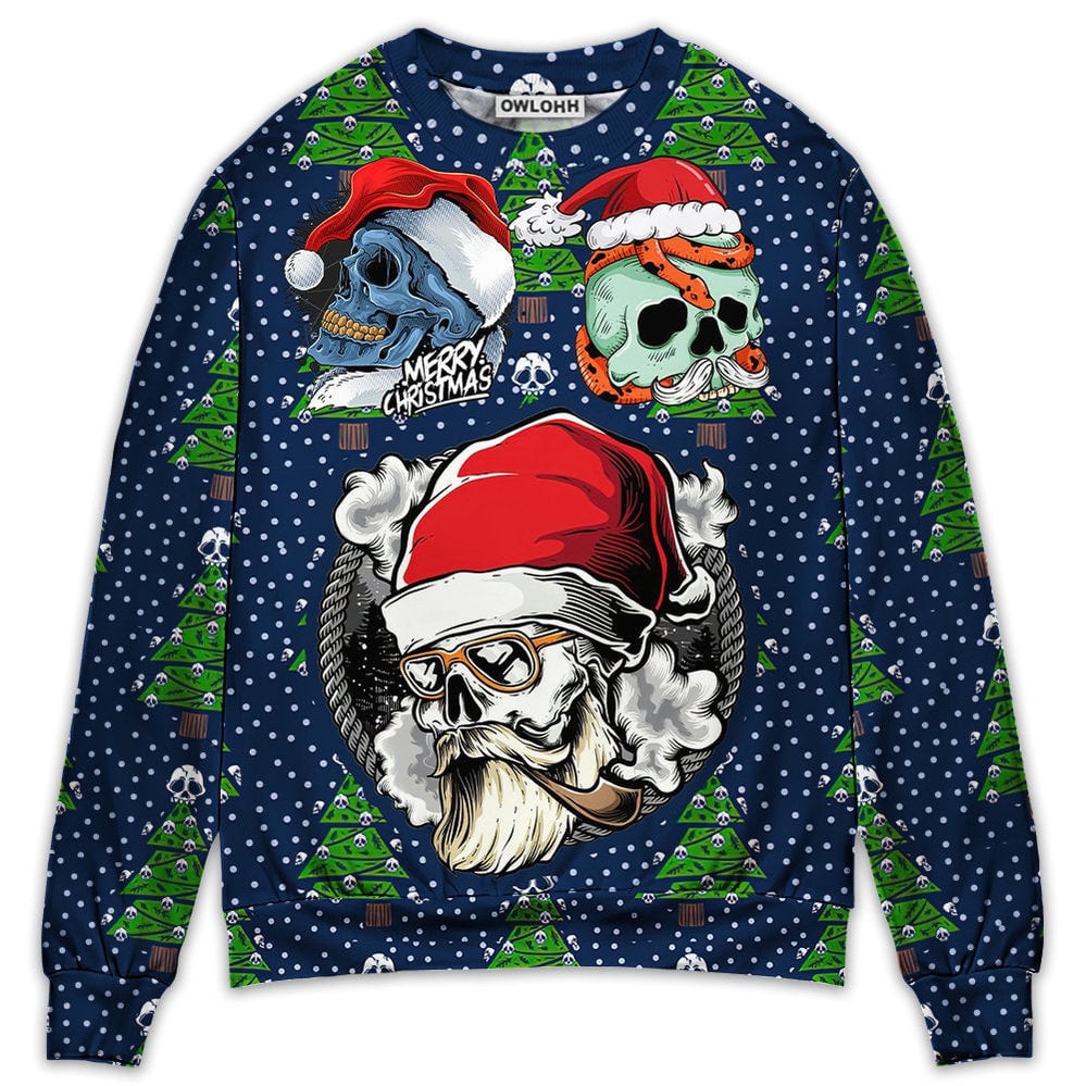 Christmas Skull With Santa Hat Merry Snow Ugly Sweaters