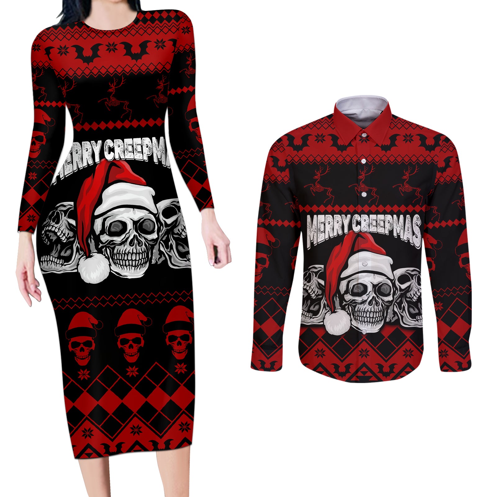 custom-christmas-couples-matching-long-sleeve-bodycon-dress-and-long-sleeve-button-shirt-gothic-skull-creepmas