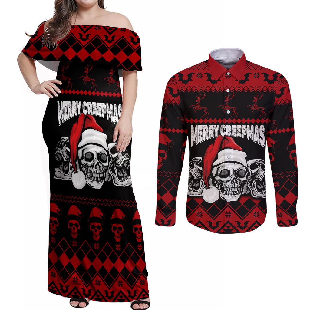 custom-christmas-couples-matching-off-shoulder-maxi-dress-and-long-sleeve-button-shirt-gothic-skull-creepmas