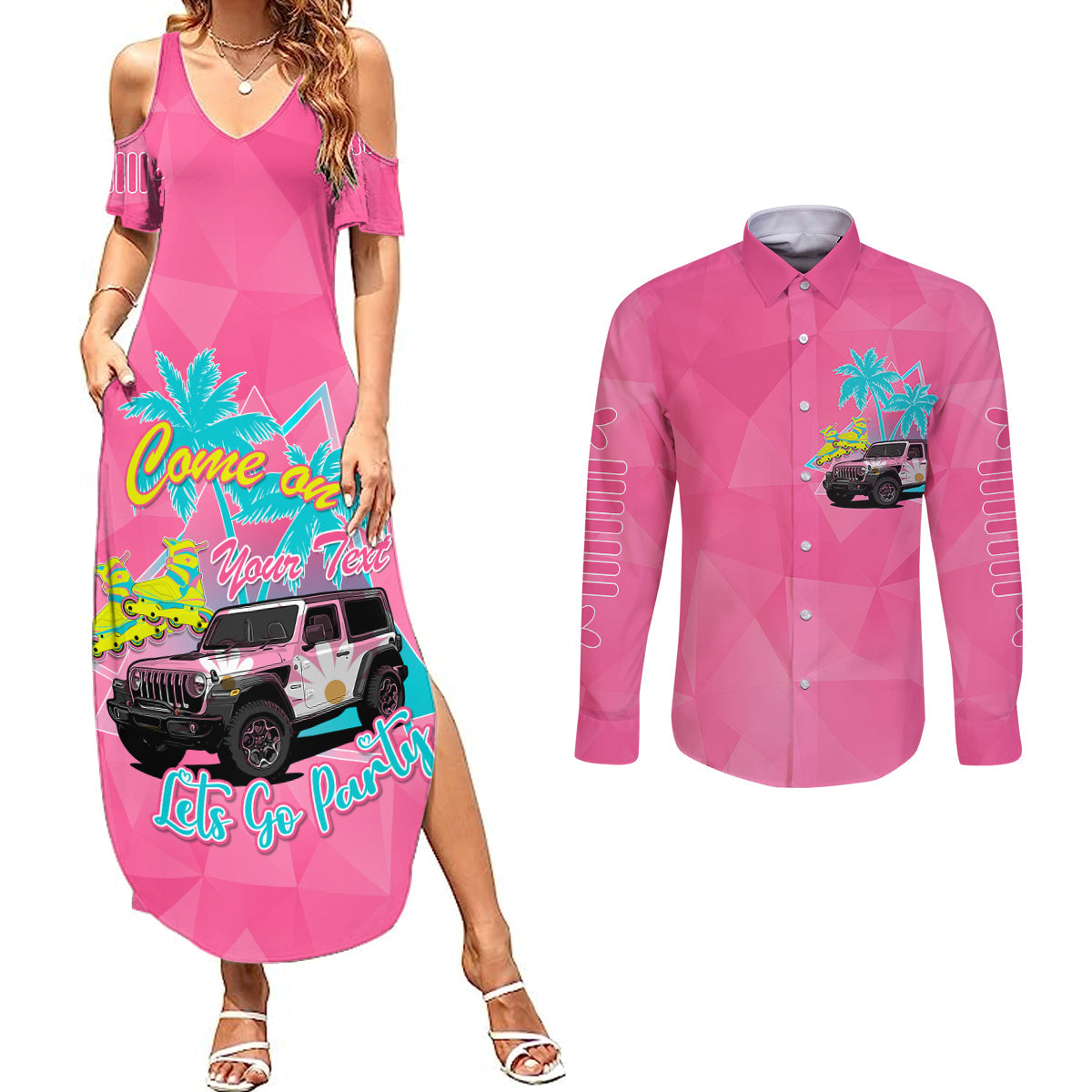 personalised-jeep-girl-couples-matching-summer-maxi-dress-and-long-sleeve-button-shirts-doll-pink-party