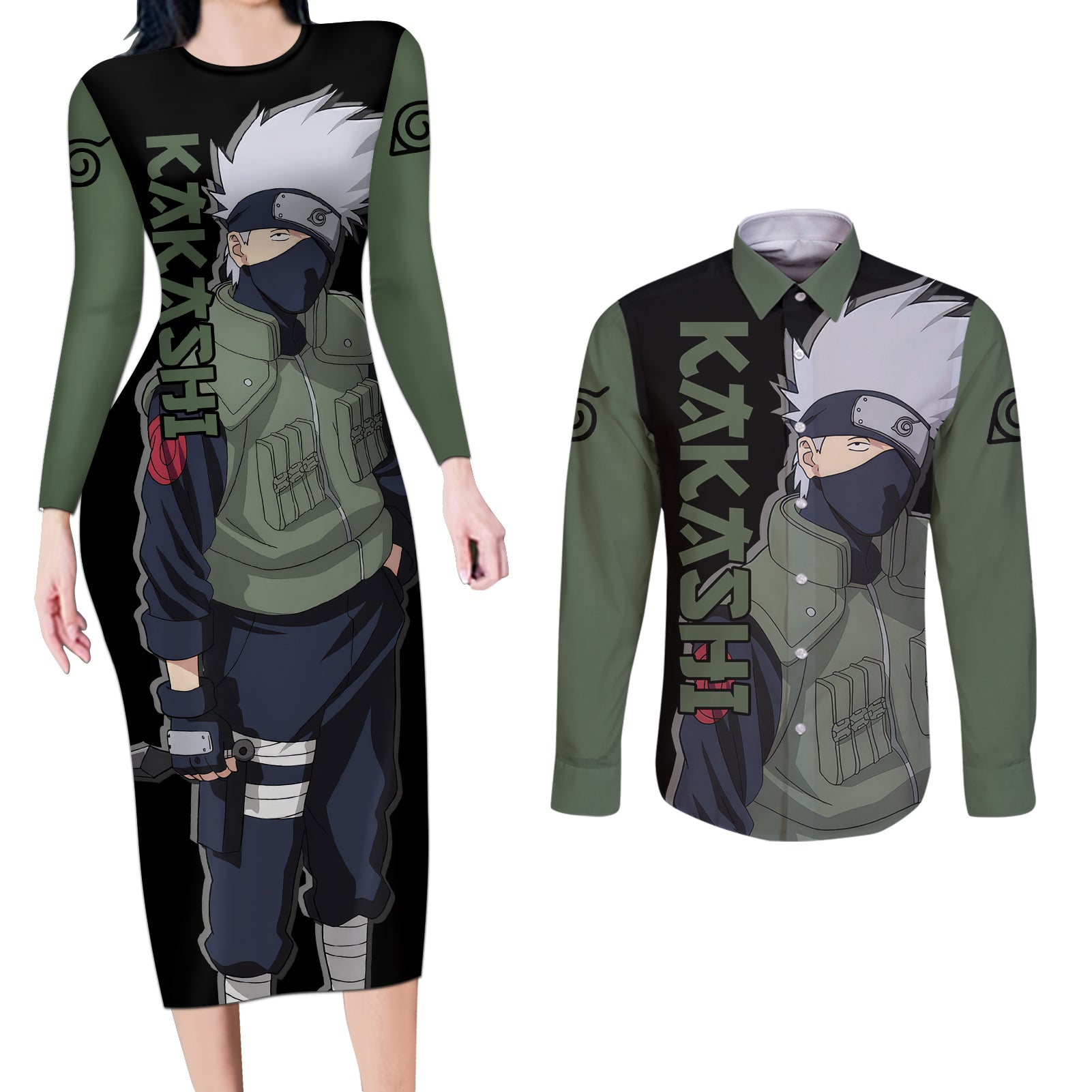 Hatake Kakashi - Sharingan Eyes Couples Matching Long Sleeve Bodycon Dress and Long Sleeve Button Shirt