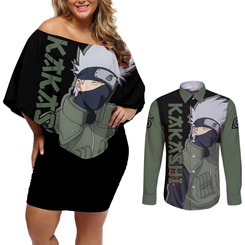 Hatake Kakashi - Sharingan Eyes Couples Matching Off Shoulder Short Dress and Long Sleeve Button Shirt