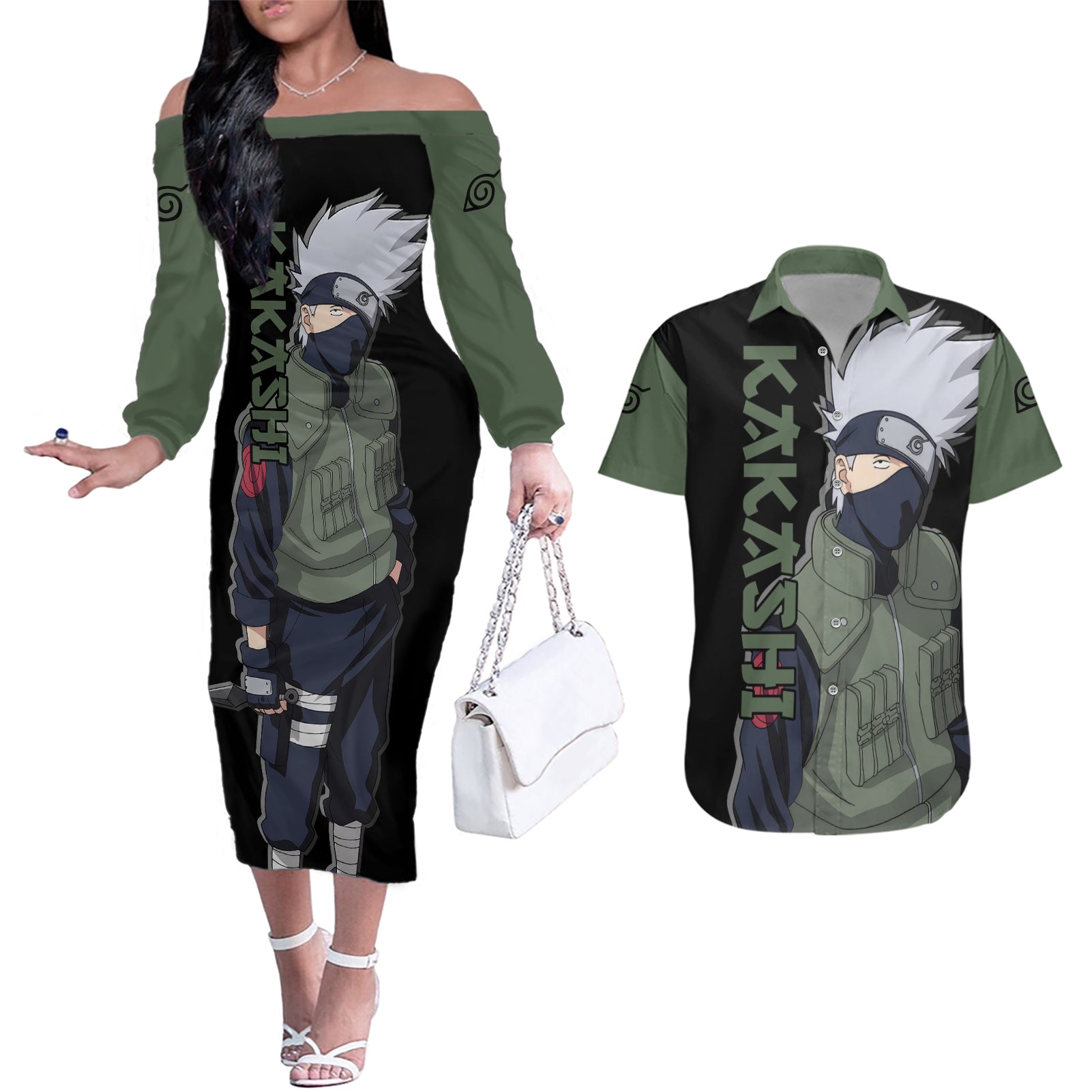 Hatake Kakashi - Sharingan Eyes Couples Matching Off The Shoulder Long Sleeve Dress and Hawaiian Shirt