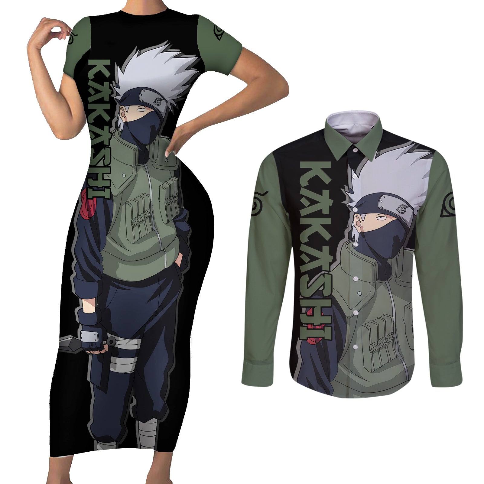 Hatake Kakashi - Sharingan Eyes Couples Matching Short Sleeve Bodycon Dress and Long Sleeve Button Shirt