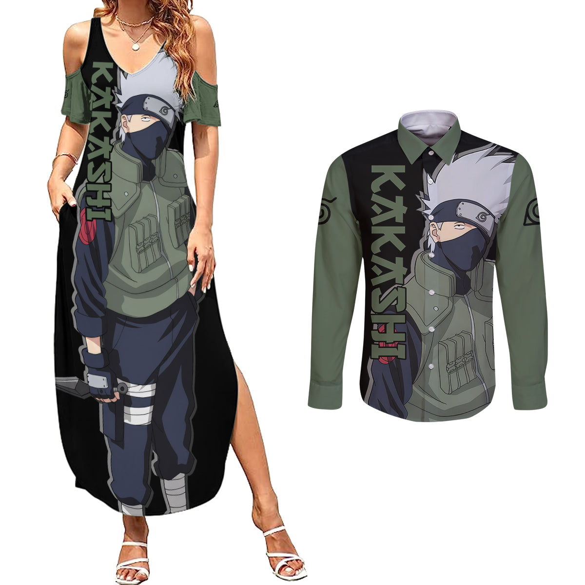 Hatake Kakashi - Sharingan Eyes Couples Matching Summer Maxi Dress and Long Sleeve Button Shirt