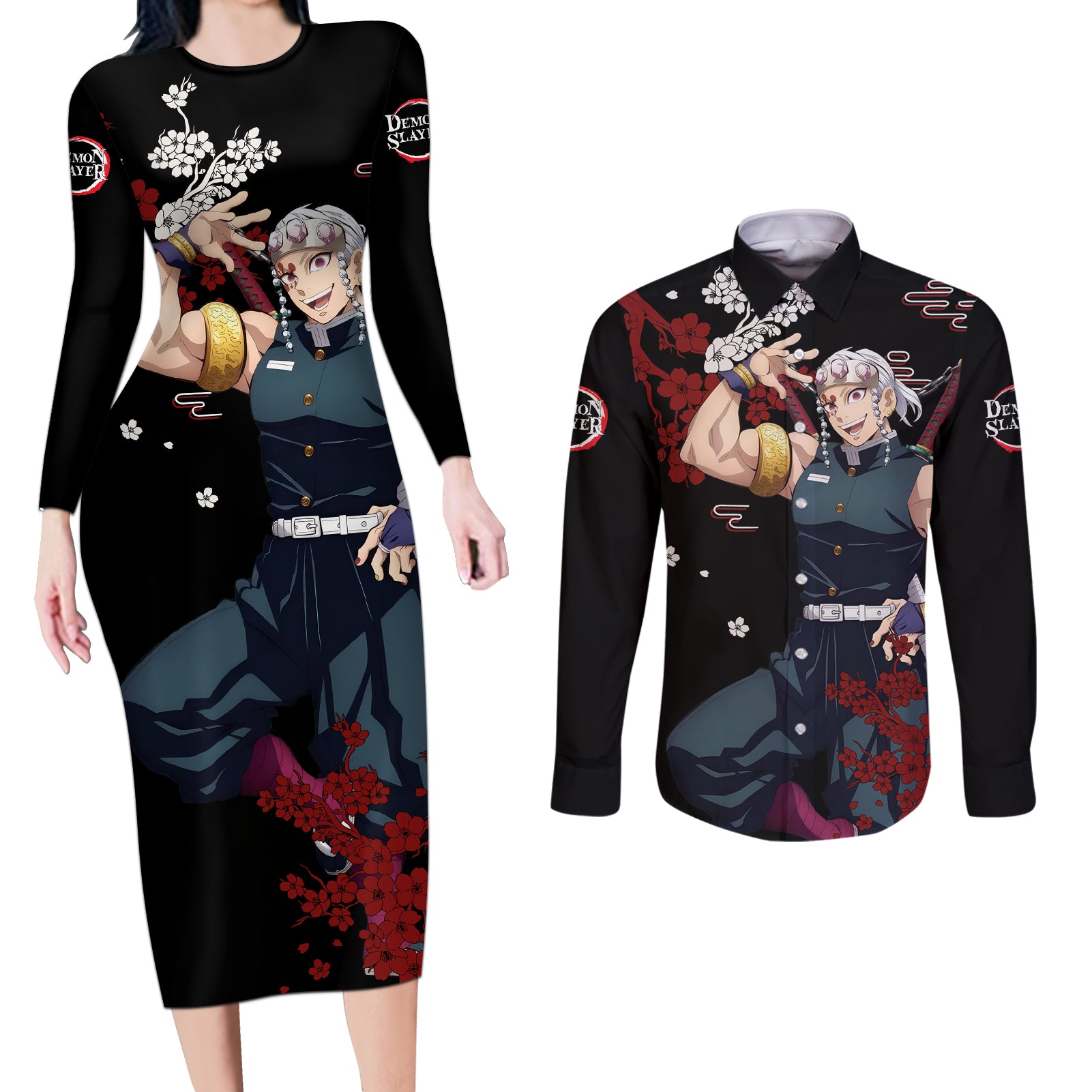 Tengen Uzui Anime Japan Style Couples Matching Long Sleeve Bodycon Dress and Long Sleeve Button Shirt