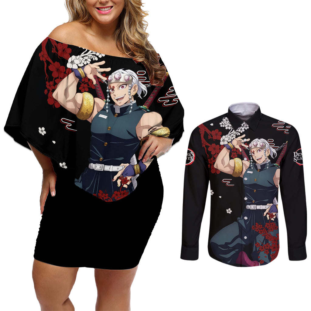 Tengen Uzui Anime Japan Style Couples Matching Off Shoulder Short Dress and Long Sleeve Button Shirt