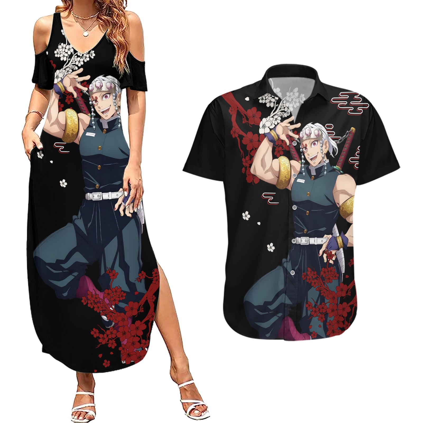 Tengen Uzui Anime Japan Style Couples Matching Summer Maxi Dress and Hawaiian Shirt