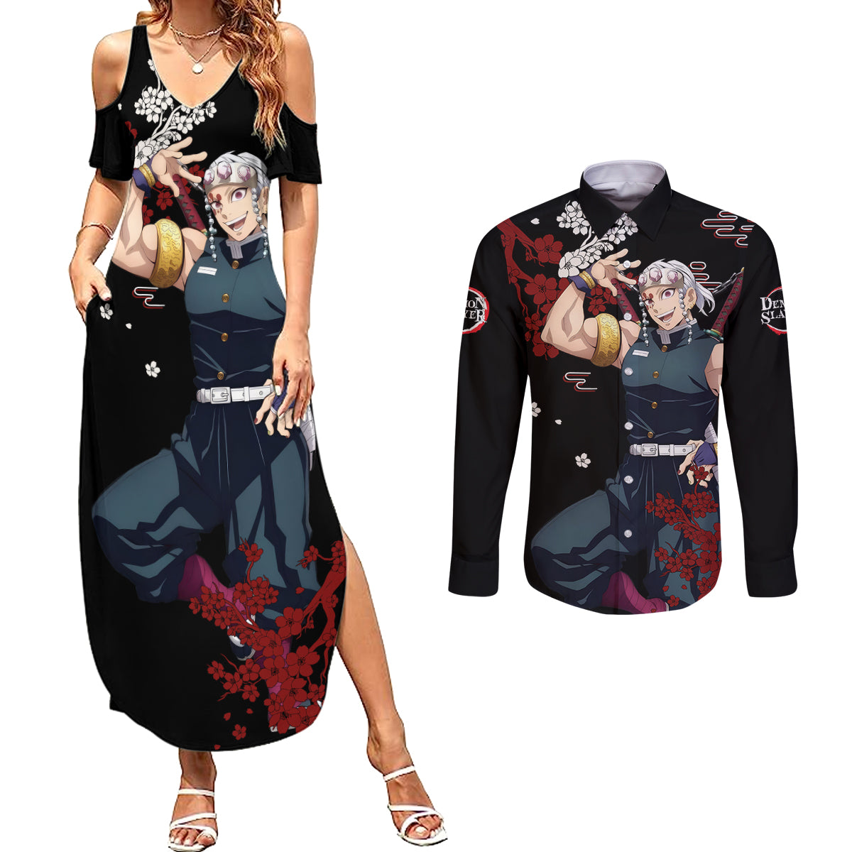 Tengen Uzui Anime Japan Style Couples Matching Summer Maxi Dress and Long Sleeve Button Shirt