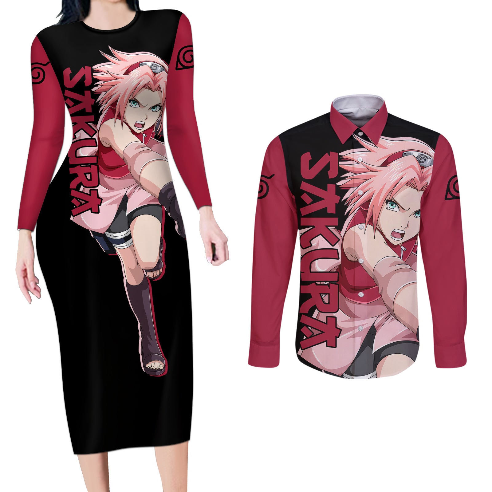 Sakura Haruno - Naruto Anime Couples Matching Long Sleeve Bodycon Dress and Long Sleeve Button Shirt