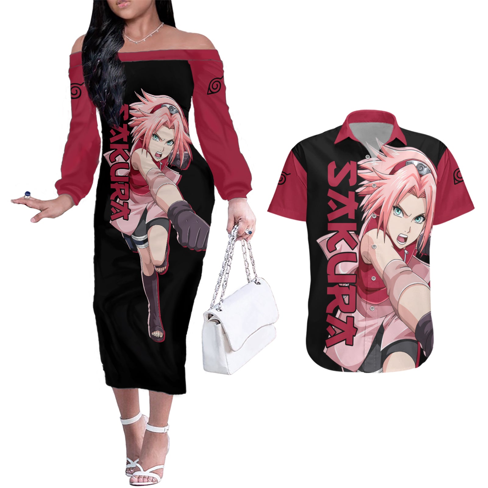 Sakura Haruno - Naruto Anime Couples Matching Off The Shoulder Long Sleeve Dress and Hawaiian Shirt