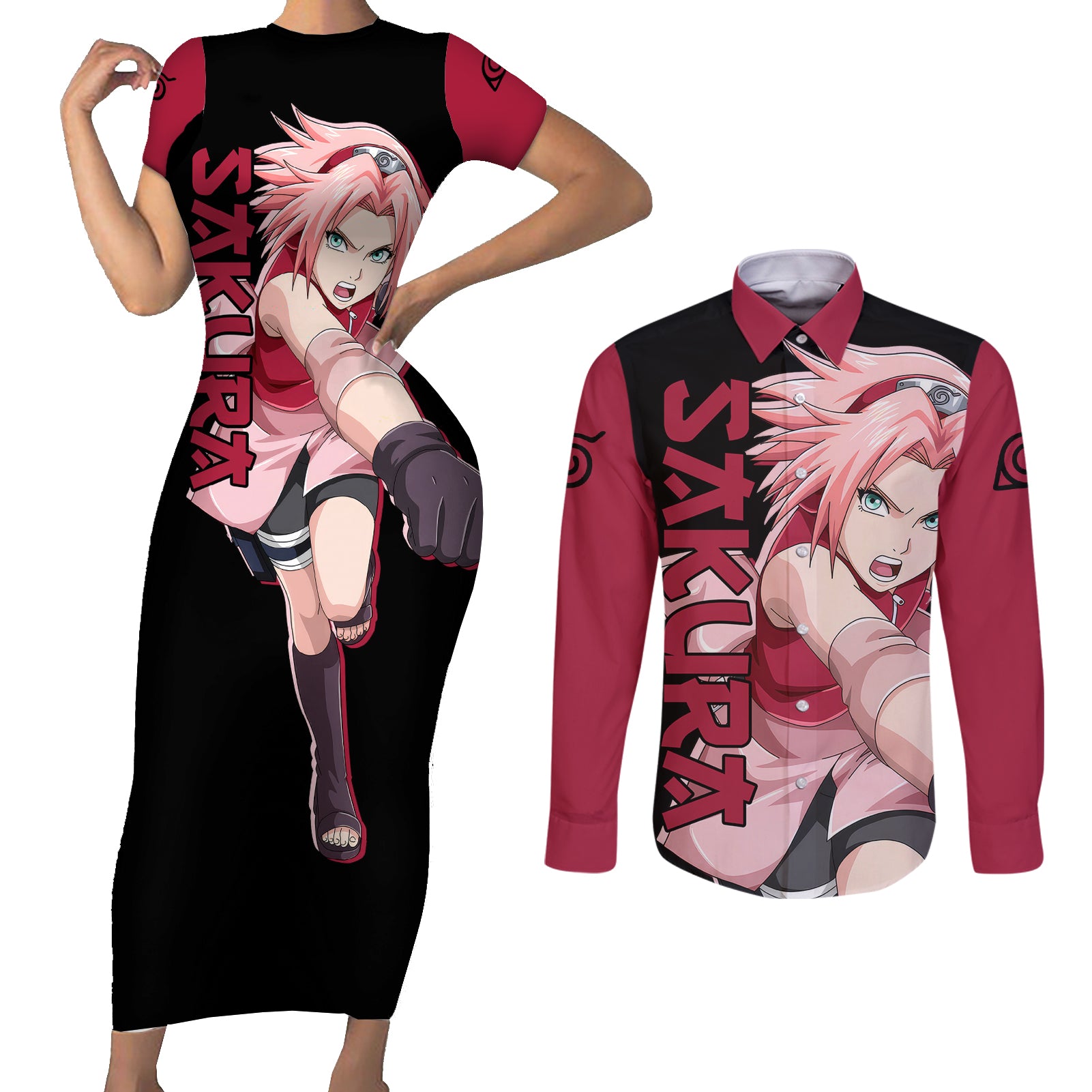 Sakura Haruno - Naruto Anime Couples Matching Short Sleeve Bodycon Dress and Long Sleeve Button Shirt