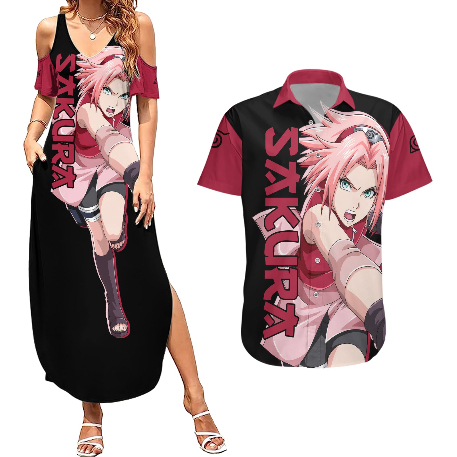 Sakura Haruno - Naruto Anime Couples Matching Summer Maxi Dress and Hawaiian Shirt