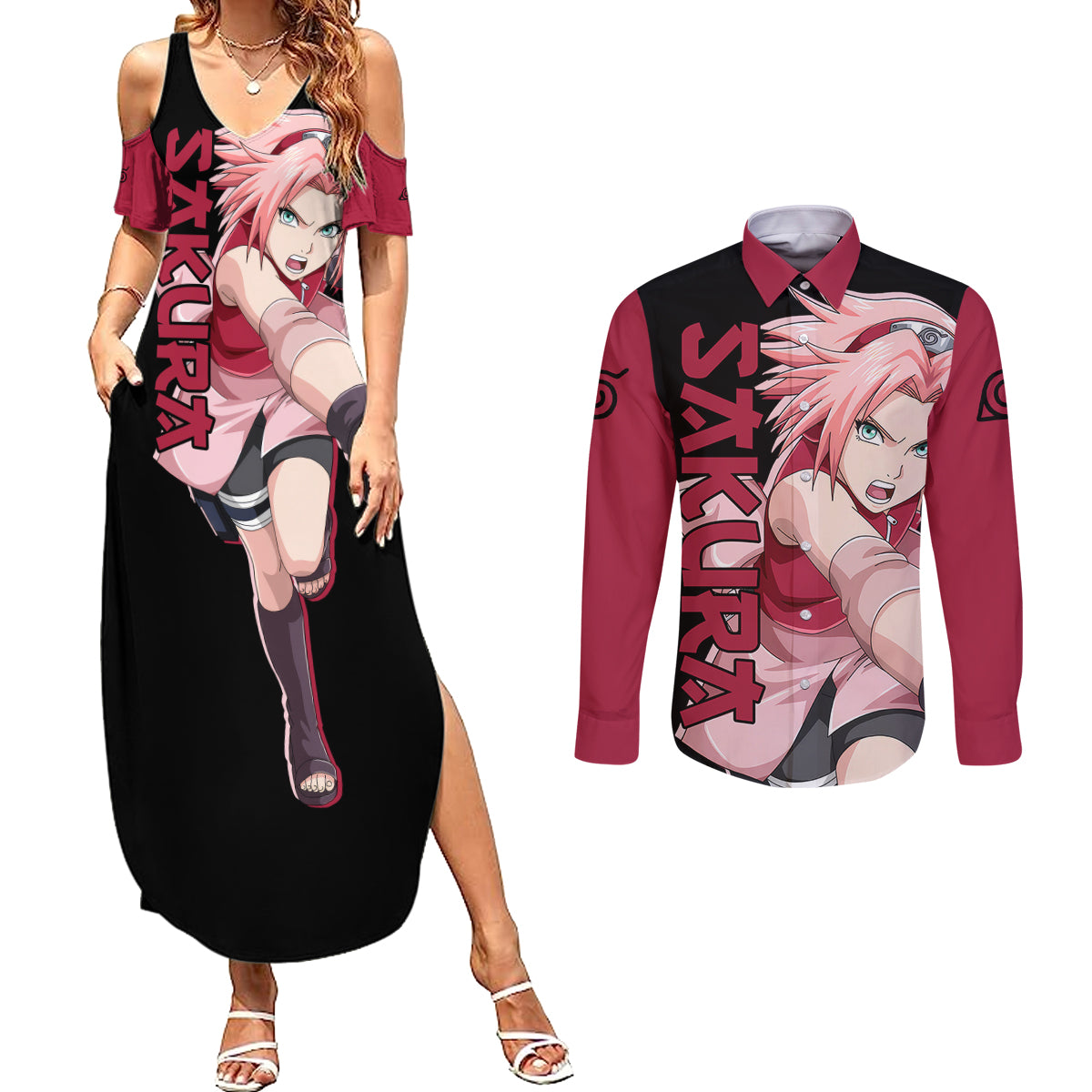 Sakura Haruno - Naruto Anime Couples Matching Summer Maxi Dress and Long Sleeve Button Shirt