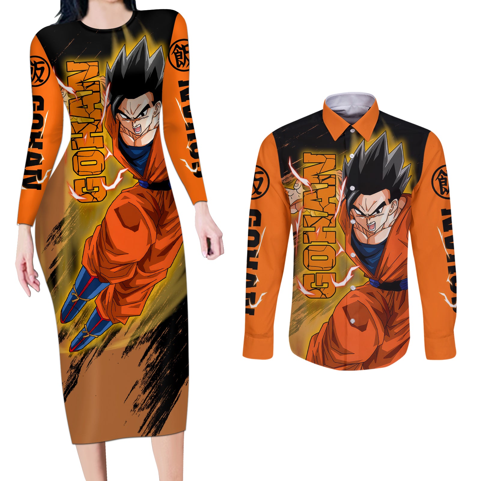 Gohan - Dragon Ball Couples Matching Long Sleeve Bodycon Dress and Long Sleeve Button Shirt