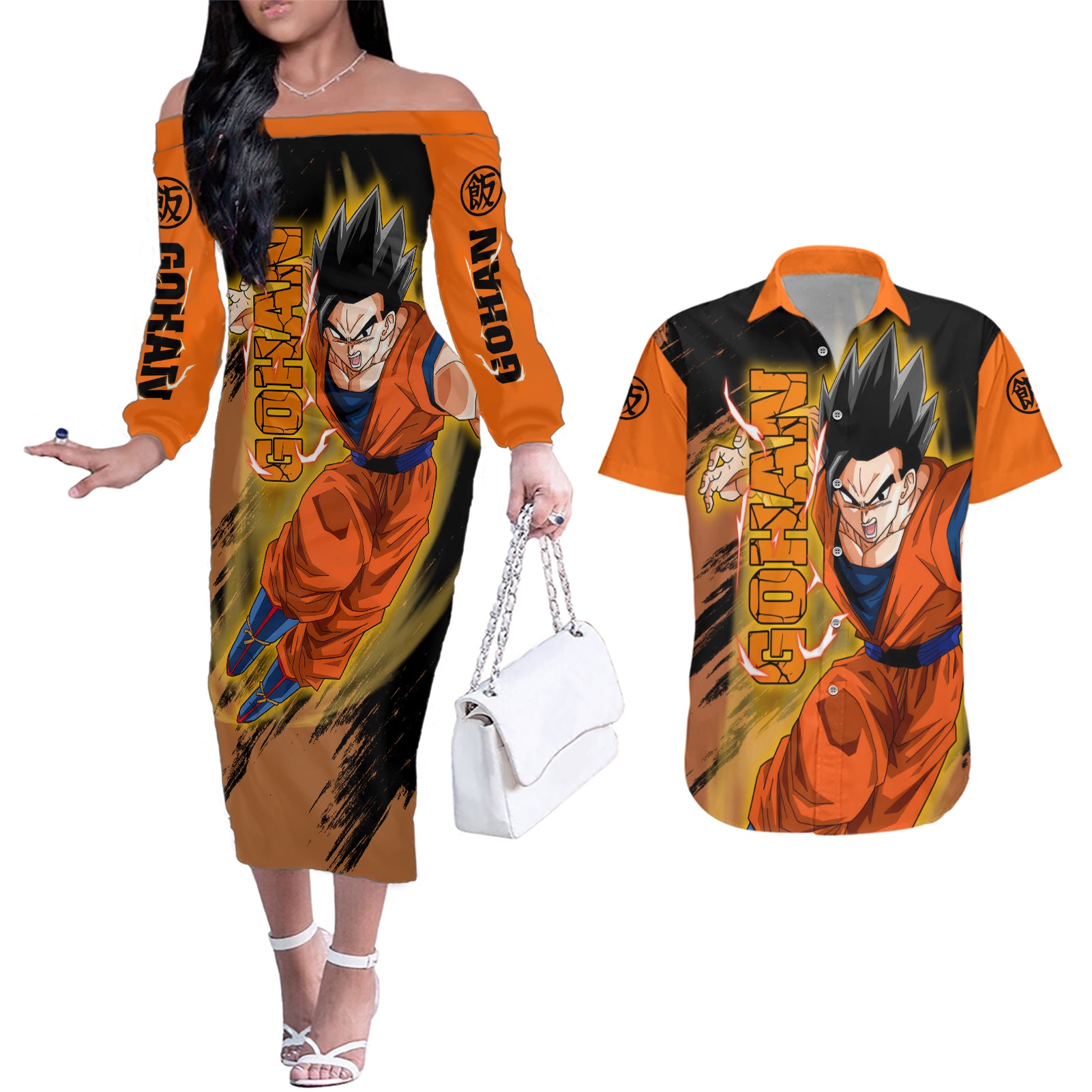 Gohan - Dragon Ball Couples Matching Off The Shoulder Long Sleeve Dress and Hawaiian Shirt