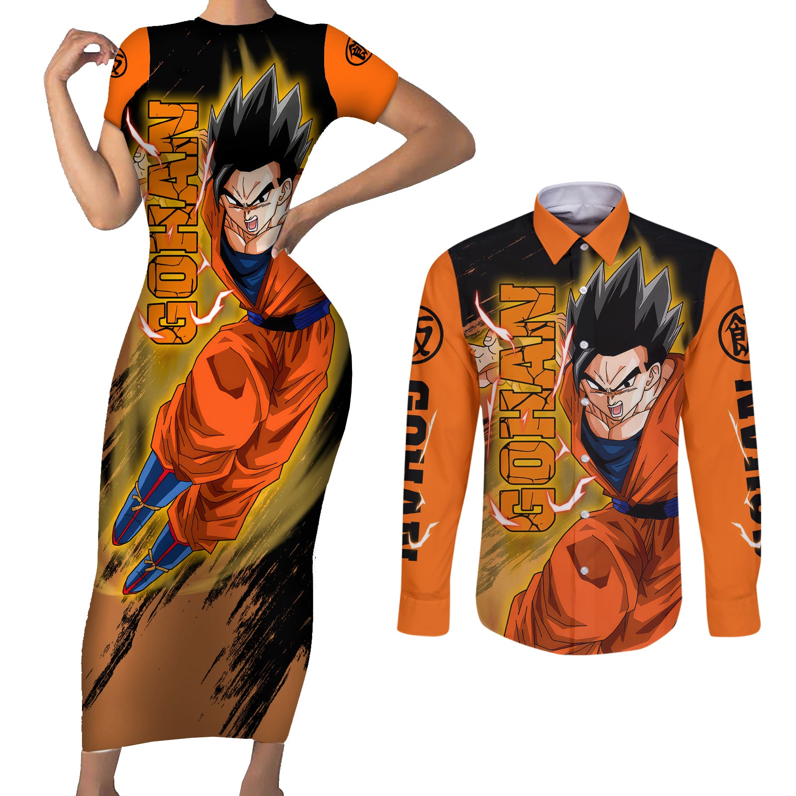 Gohan - Dragon Ball Couples Matching Short Sleeve Bodycon Dress and Long Sleeve Button Shirt