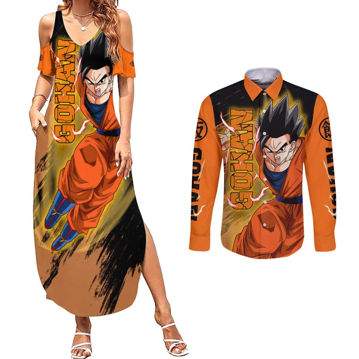 Gohan - Dragon Ball Couples Matching Summer Maxi Dress and Long Sleeve Button Shirt