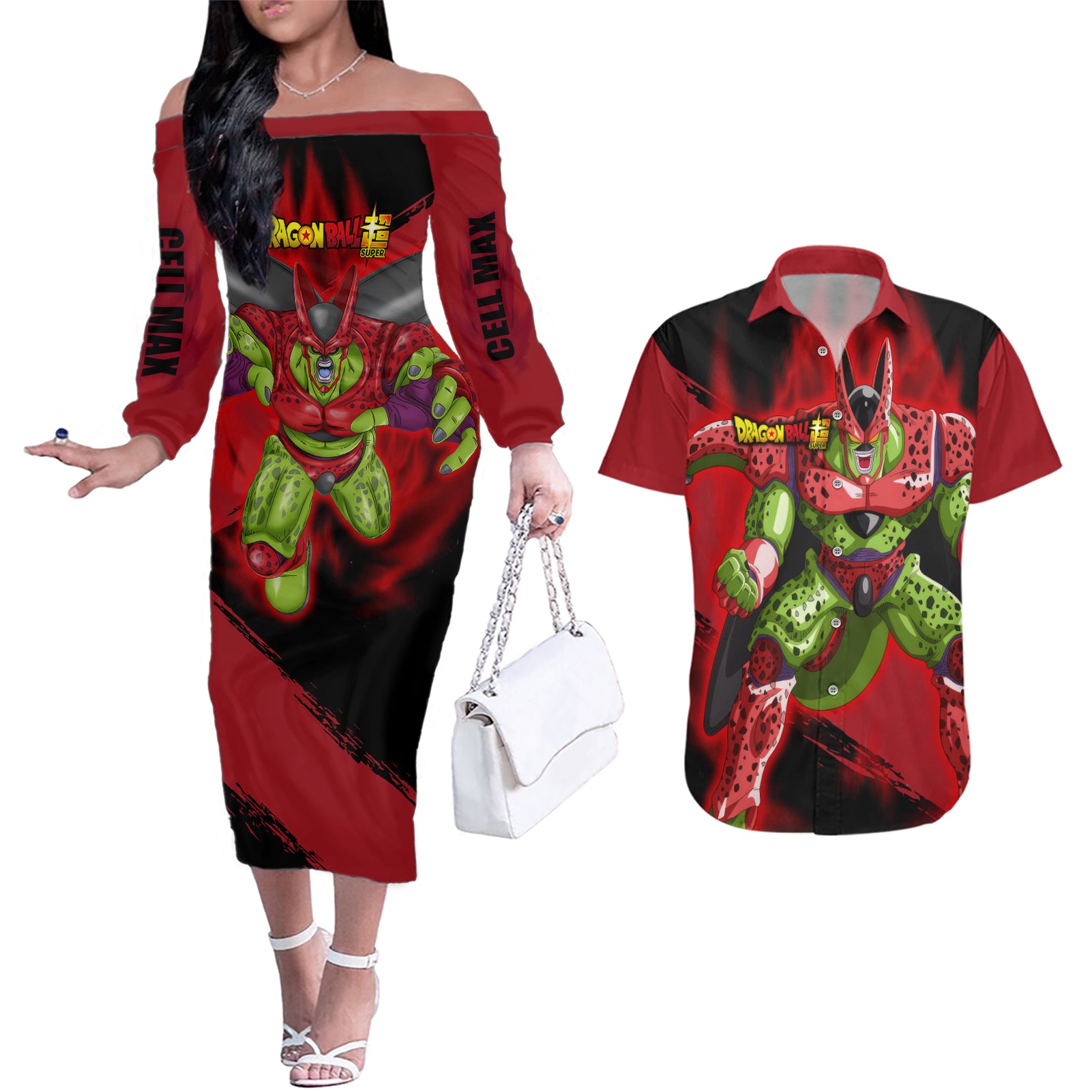 Cell Max Super - Dragon Ball Couples Matching Off The Shoulder Long Sleeve Dress and Hawaiian Shirt