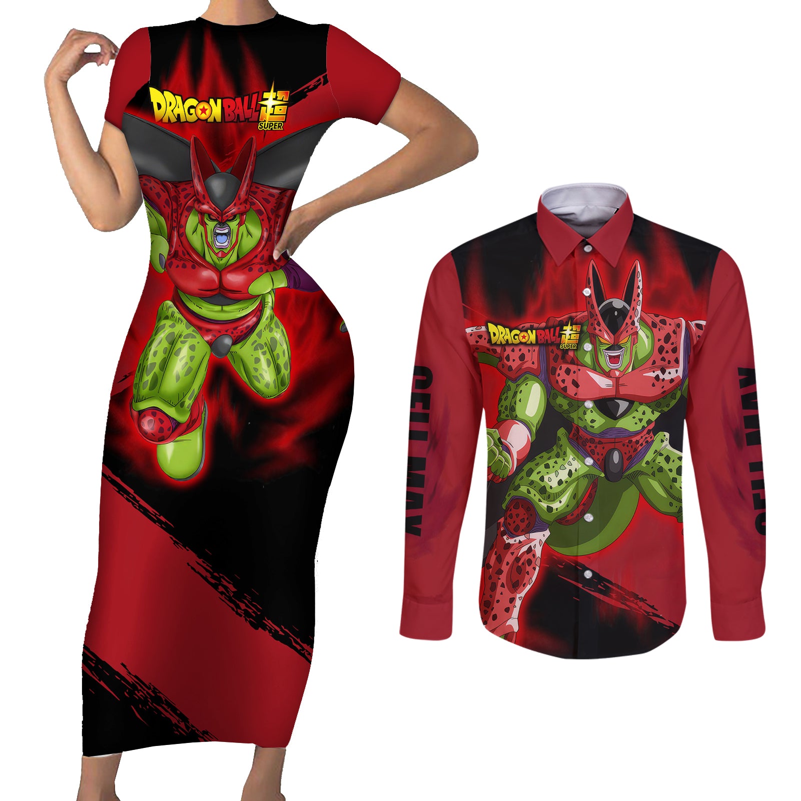 Cell Max Super - Dragon Ball Couples Matching Short Sleeve Bodycon Dress and Long Sleeve Button Shirt