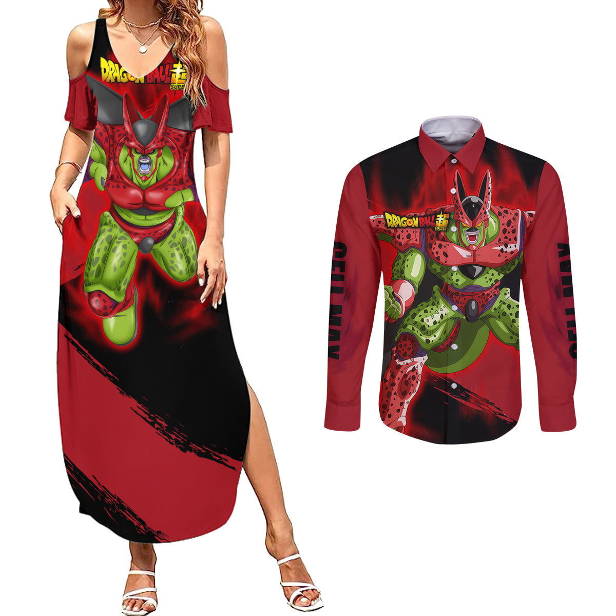 Cell Max Super - Dragon Ball Couples Matching Summer Maxi Dress and Long Sleeve Button Shirt