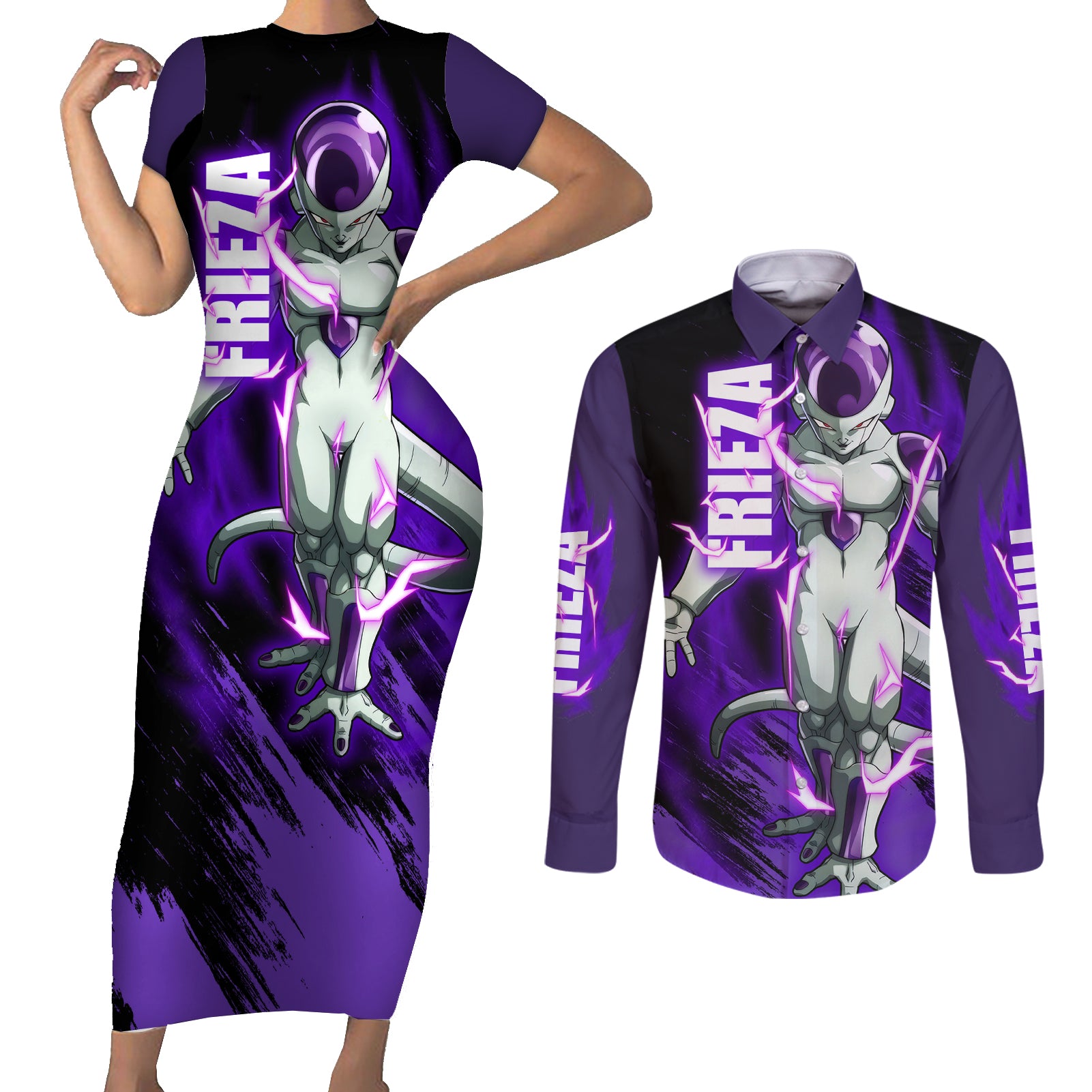 Frieza - Dragon Ball Couples Matching Short Sleeve Bodycon Dress and Long Sleeve Button Shirt