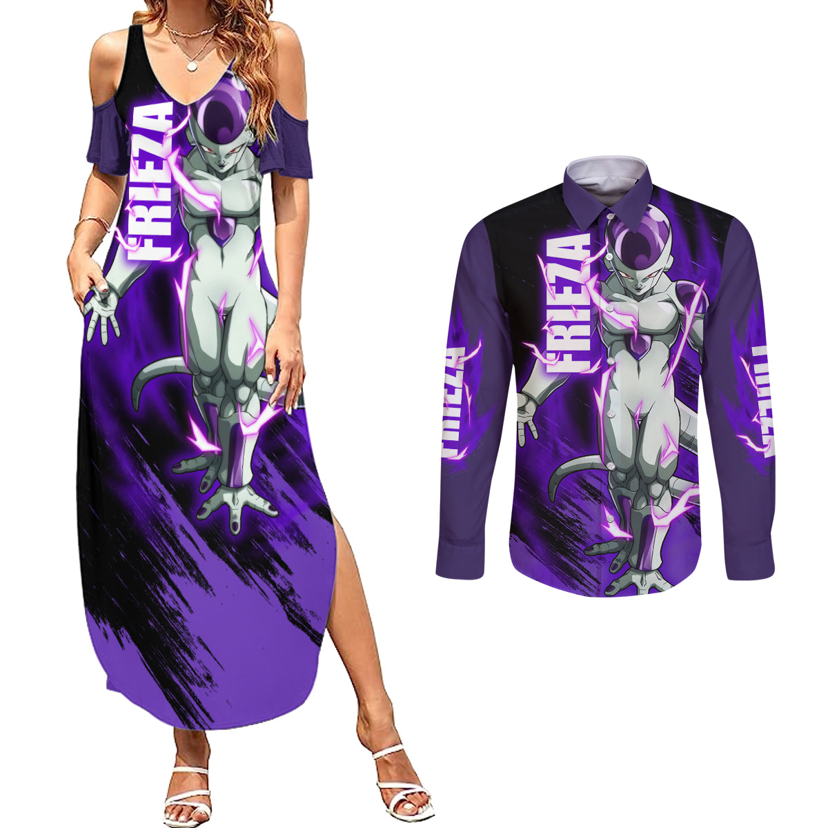 Frieza - Dragon Ball Couples Matching Summer Maxi Dress and Long Sleeve Button Shirt