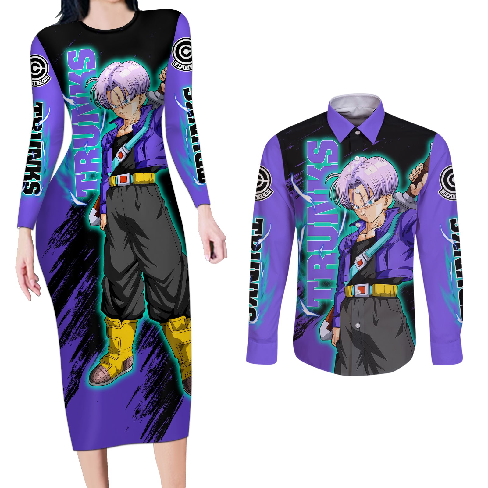 Future Trunks - Dragon Ball Couples Matching Long Sleeve Bodycon Dress and Long Sleeve Button Shirt