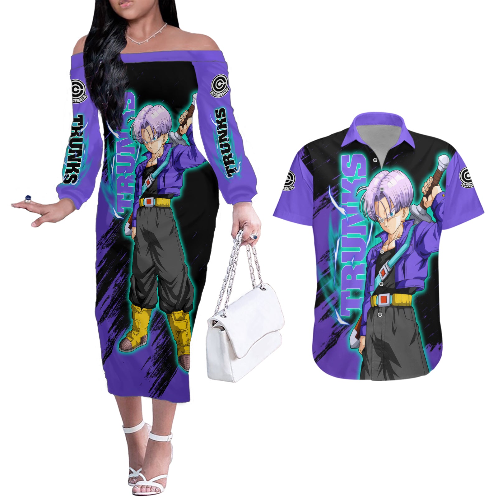 Future Trunks - Dragon Ball Couples Matching Off The Shoulder Long Sleeve Dress and Hawaiian Shirt