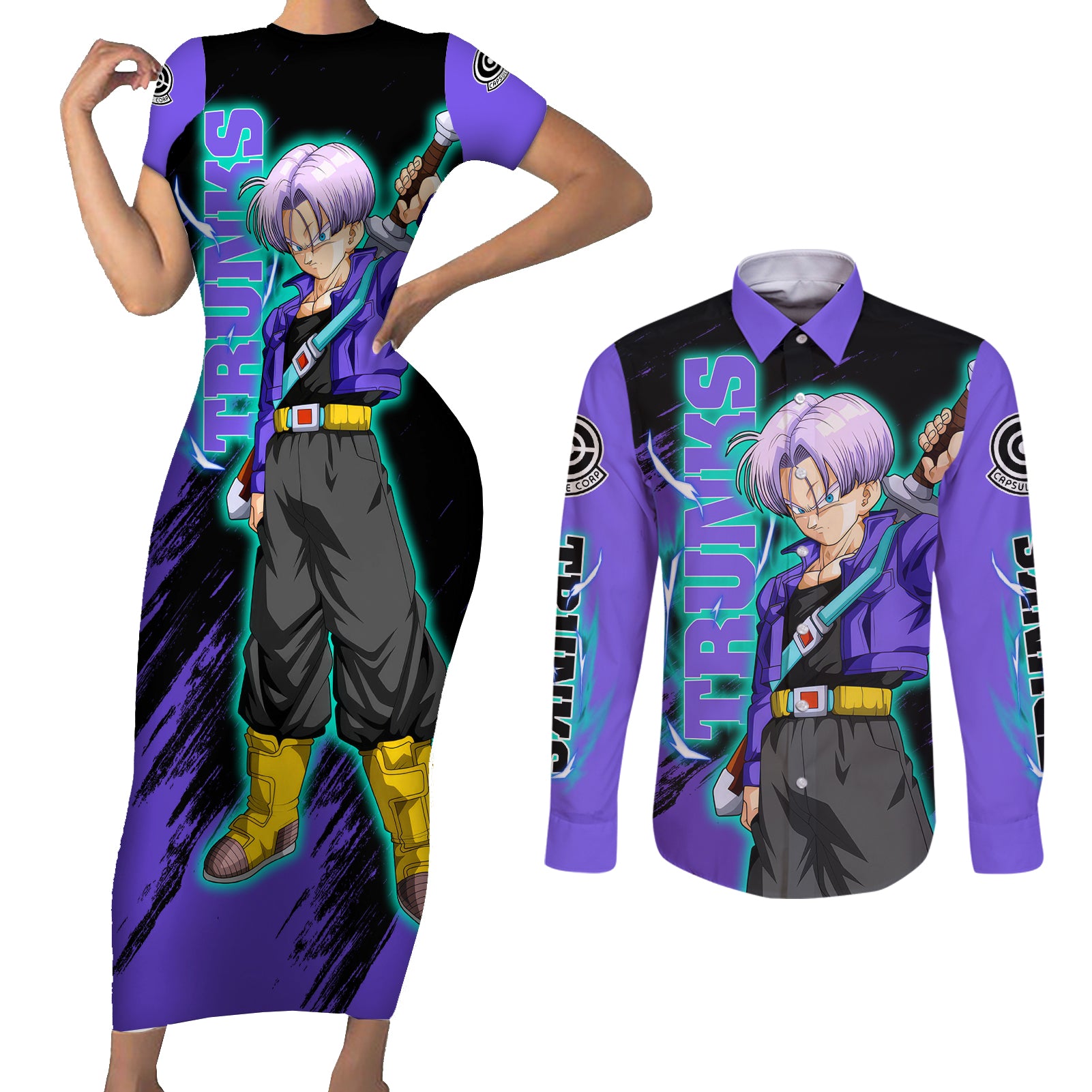 Future Trunks - Dragon Ball Couples Matching Short Sleeve Bodycon Dress and Long Sleeve Button Shirt