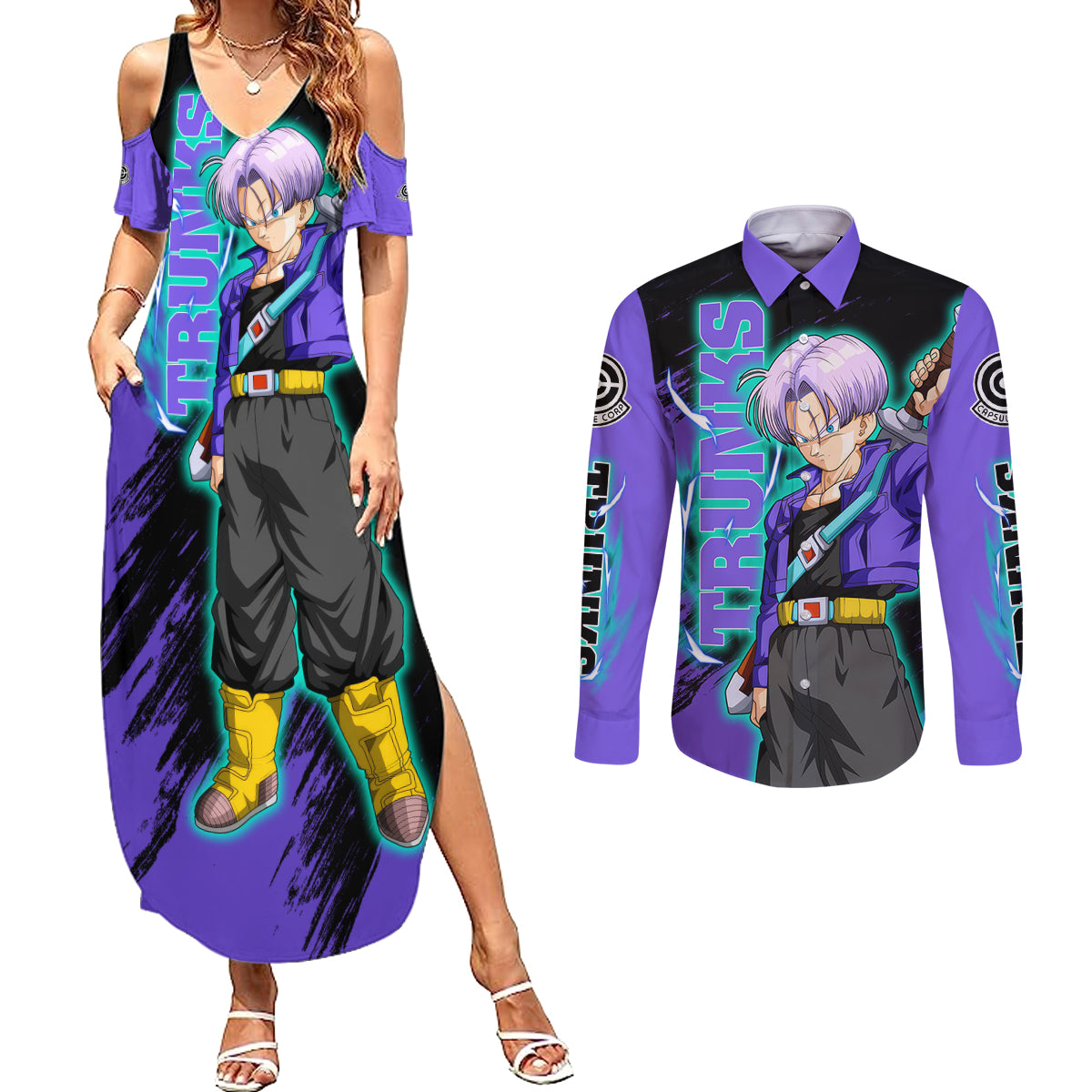 Future Trunks - Dragon Ball Couples Matching Summer Maxi Dress and Long Sleeve Button Shirt