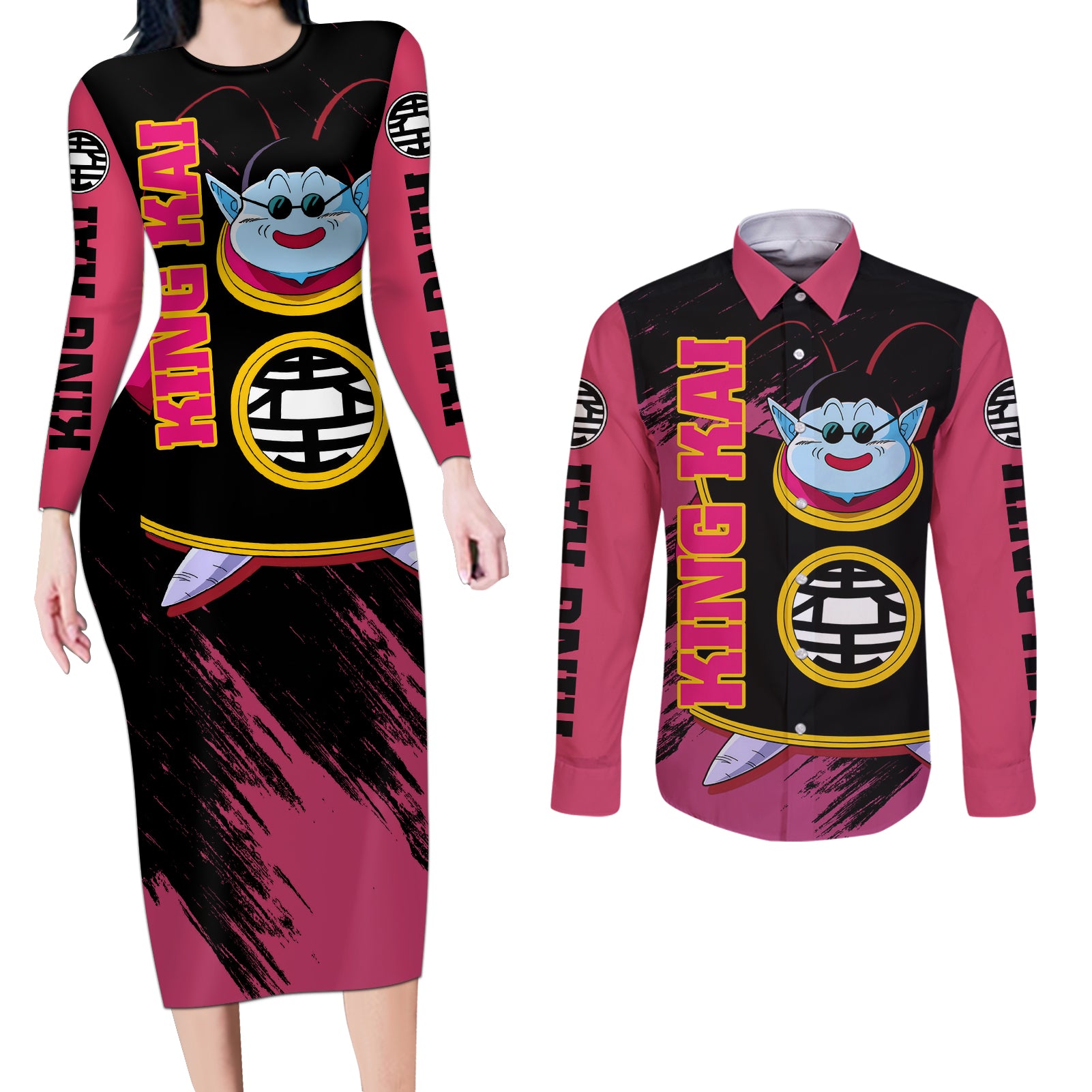 King Kai - Dragon Ball Couples Matching Long Sleeve Bodycon Dress and Long Sleeve Button Shirt