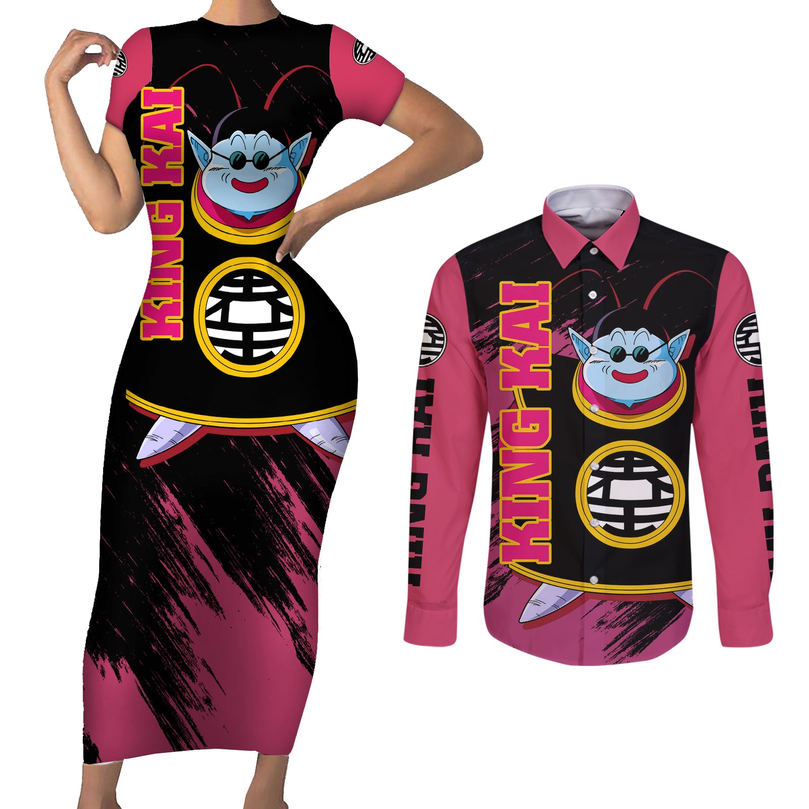 King Kai - Dragon Ball Couples Matching Short Sleeve Bodycon Dress and Long Sleeve Button Shirt