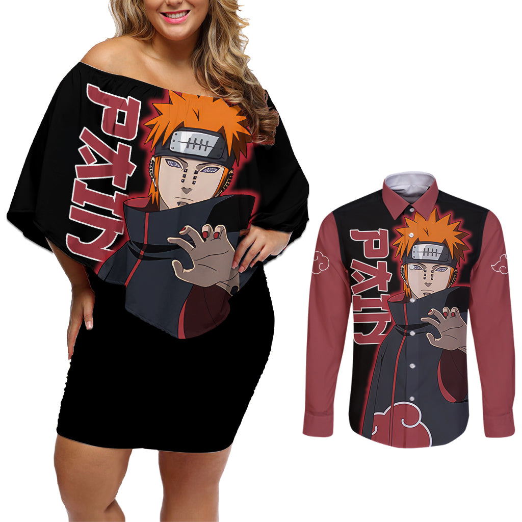 Pain Akatsuki - Naruto Anime Couples Matching Off Shoulder Short Dress and Long Sleeve Button Shirt