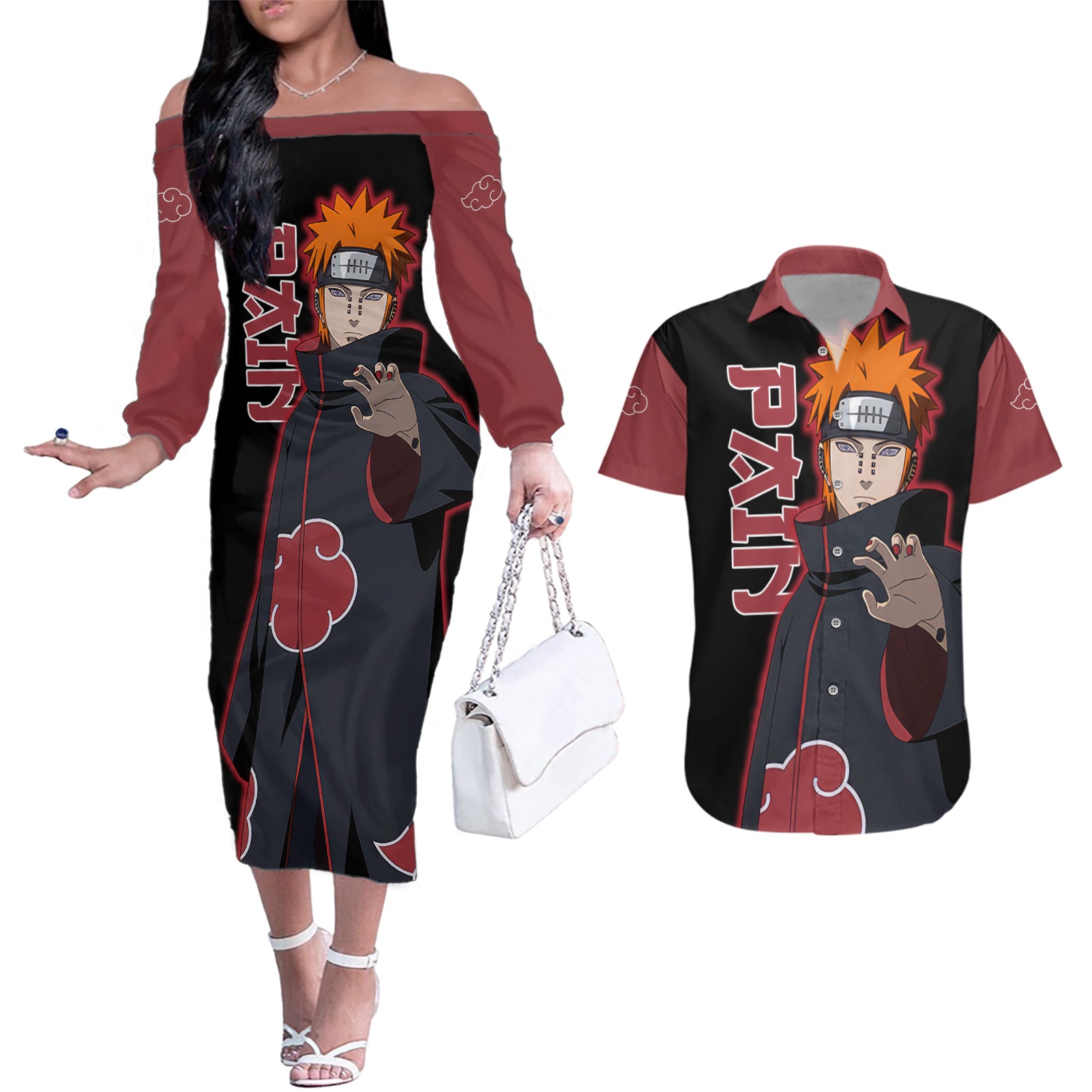 Pain Akatsuki - Naruto Anime Couples Matching Off The Shoulder Long Sleeve Dress and Hawaiian Shirt