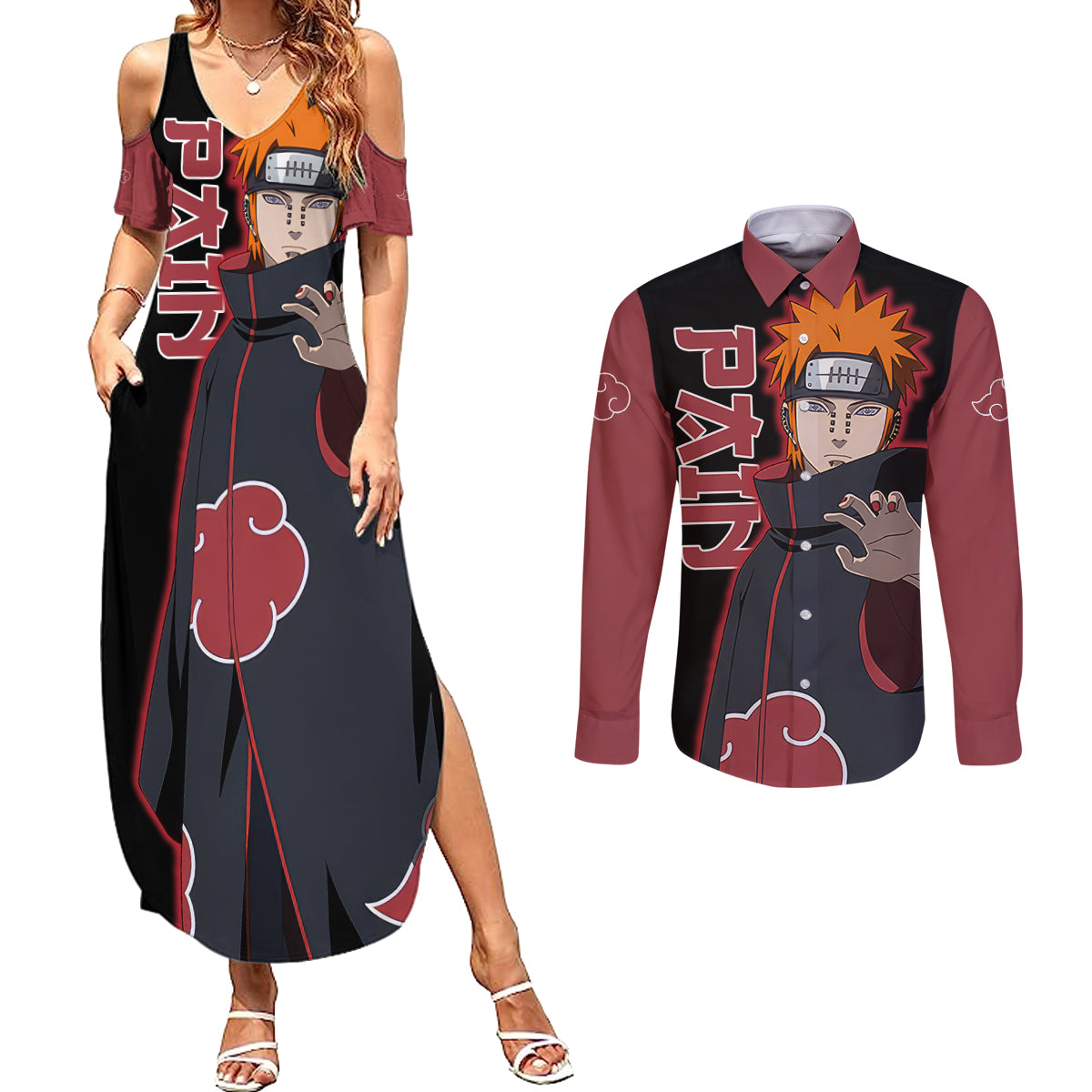 Pain Akatsuki - Naruto Anime Couples Matching Summer Maxi Dress and Long Sleeve Button Shirt