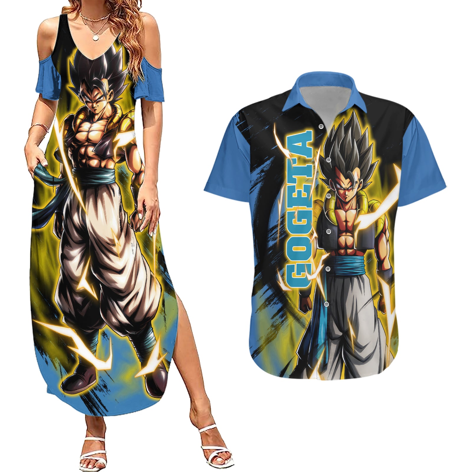 Gogeta - Dargon Ball Couples Matching Summer Maxi Dress and Hawaiian Shirt