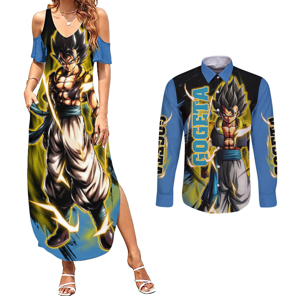 Gogeta - Dargon Ball Couples Matching Summer Maxi Dress and Long Sleeve Button Shirt