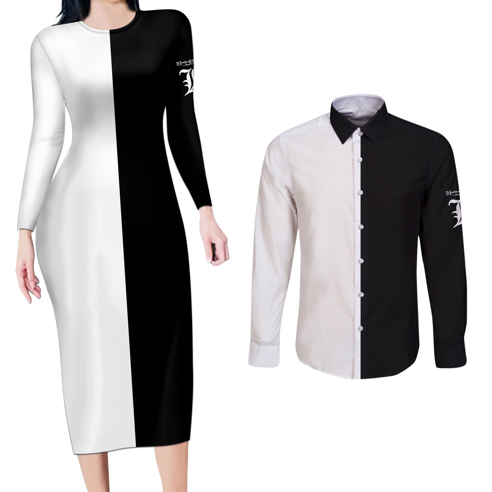 L Lawliet Couples Matching Long Sleeve Bodycon Dress and Long Sleeve Button Shirt