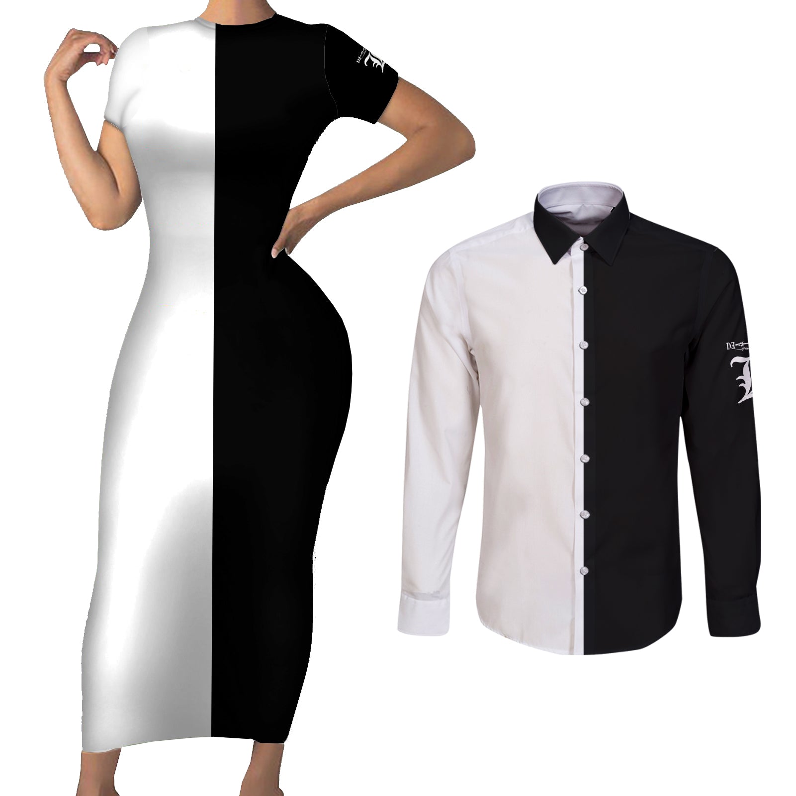 L Lawliet Couples Matching Short Sleeve Bodycon Dress and Long Sleeve Button Shirt