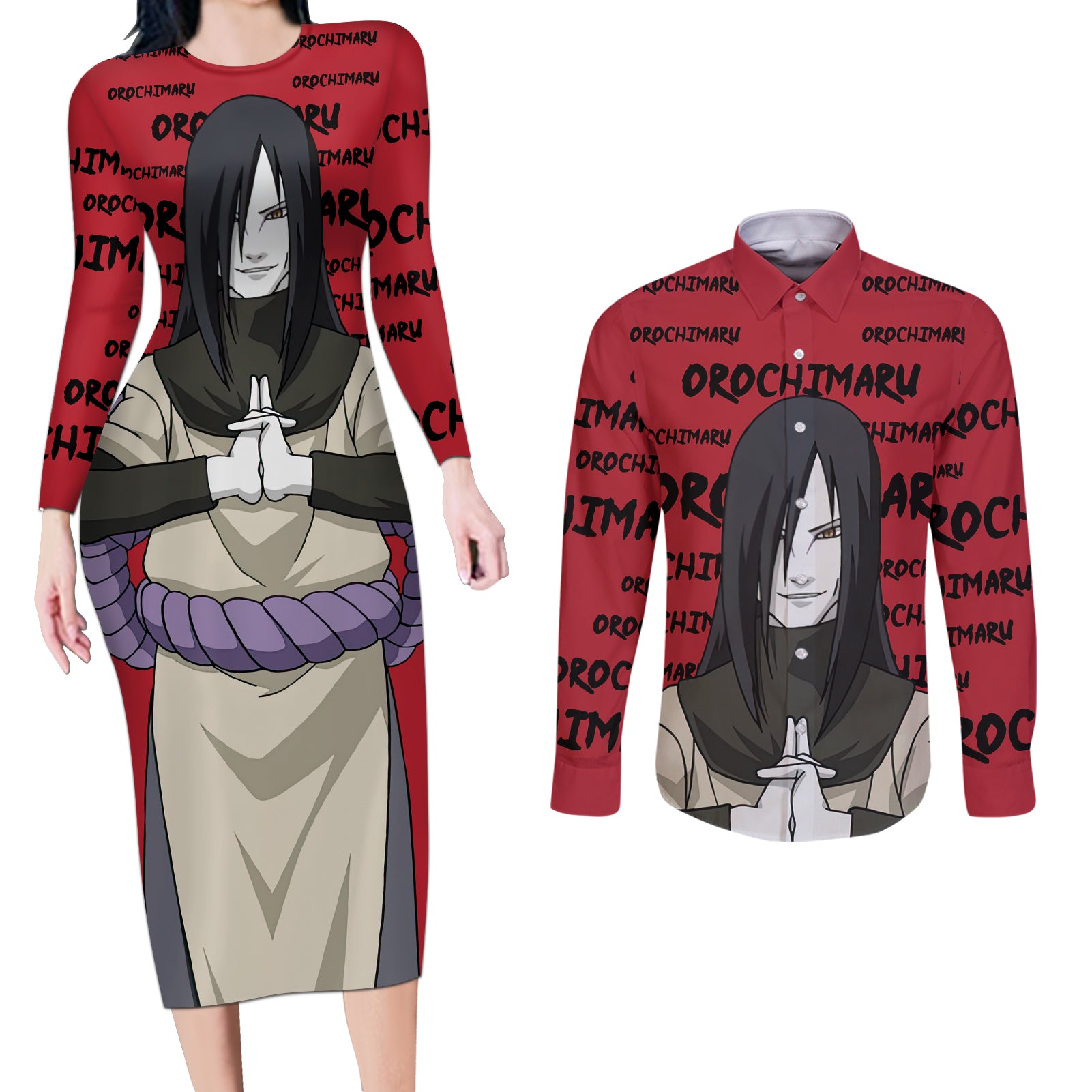 Orochimaru Anime Style Manga Couples Matching Long Sleeve Bodycon Dress and Long Sleeve Button Shirt