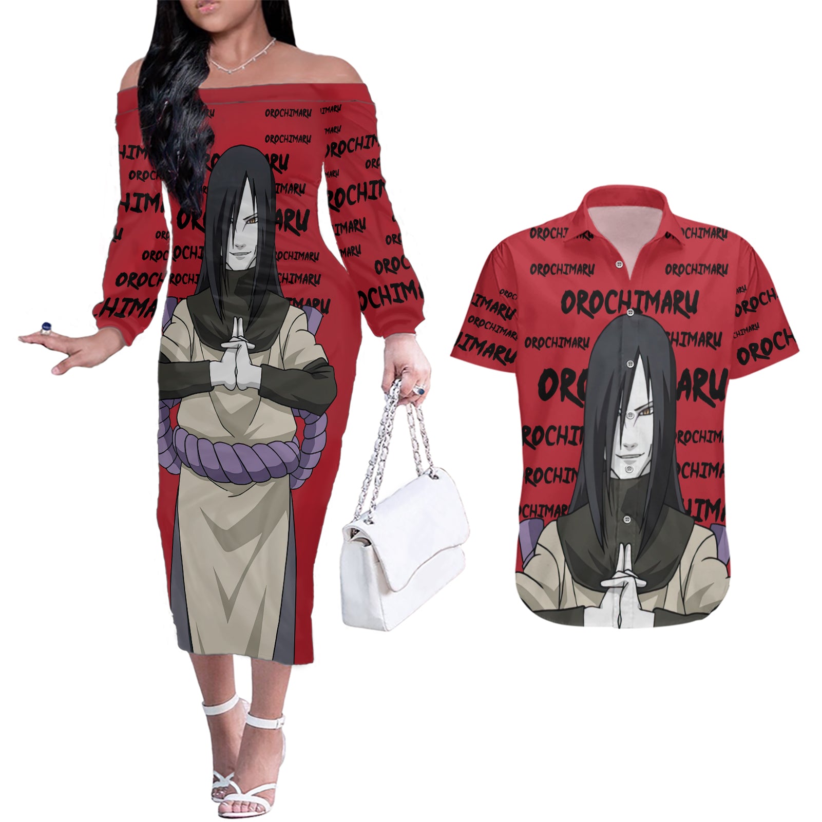 Orochimaru Anime Style Manga Couples Matching Off The Shoulder Long Sleeve Dress and Hawaiian Shirt