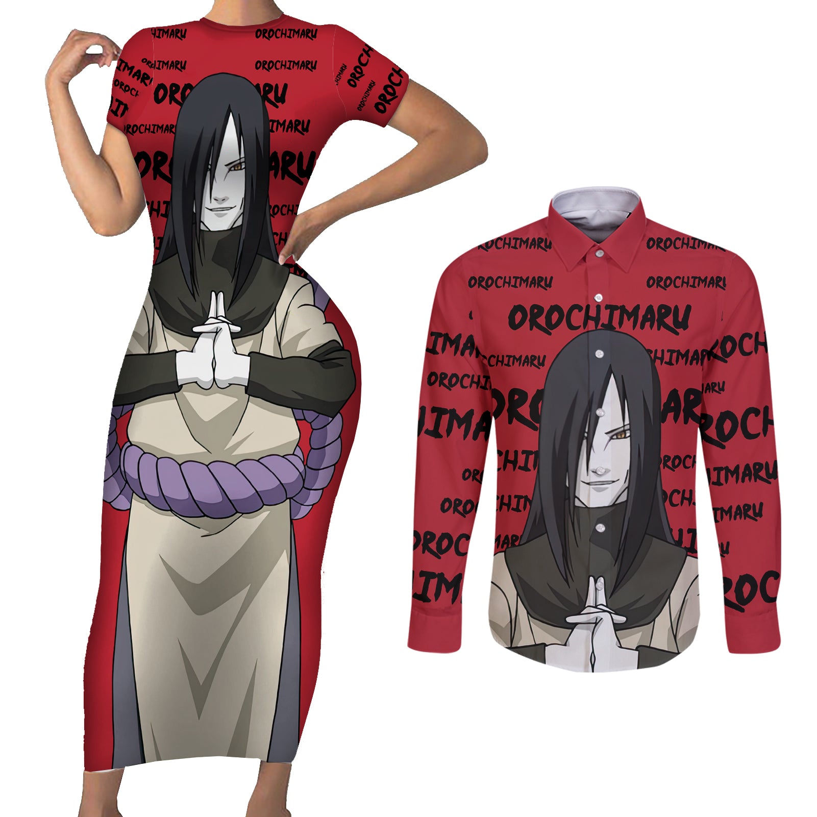 Orochimaru Anime Style Manga Couples Matching Short Sleeve Bodycon Dress and Long Sleeve Button Shirt