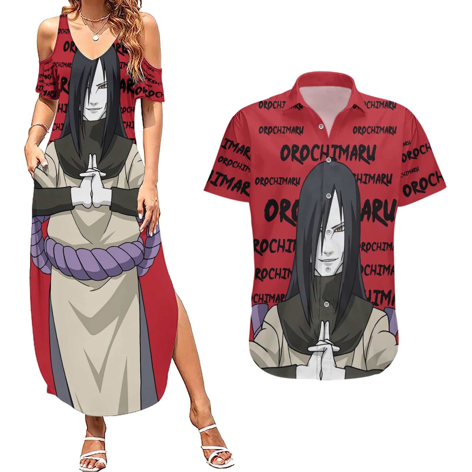 Orochimaru Anime Style Manga Couples Matching Summer Maxi Dress and Hawaiian Shirt